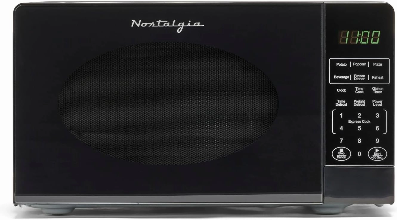 Nostalgia Modern Retro Countertop Microwave Oven - 700-Watt - 0.7 cu ft - 12 Pre-Programmed Cooking Settings - Digital Clock - Kitchen Appliances - Black