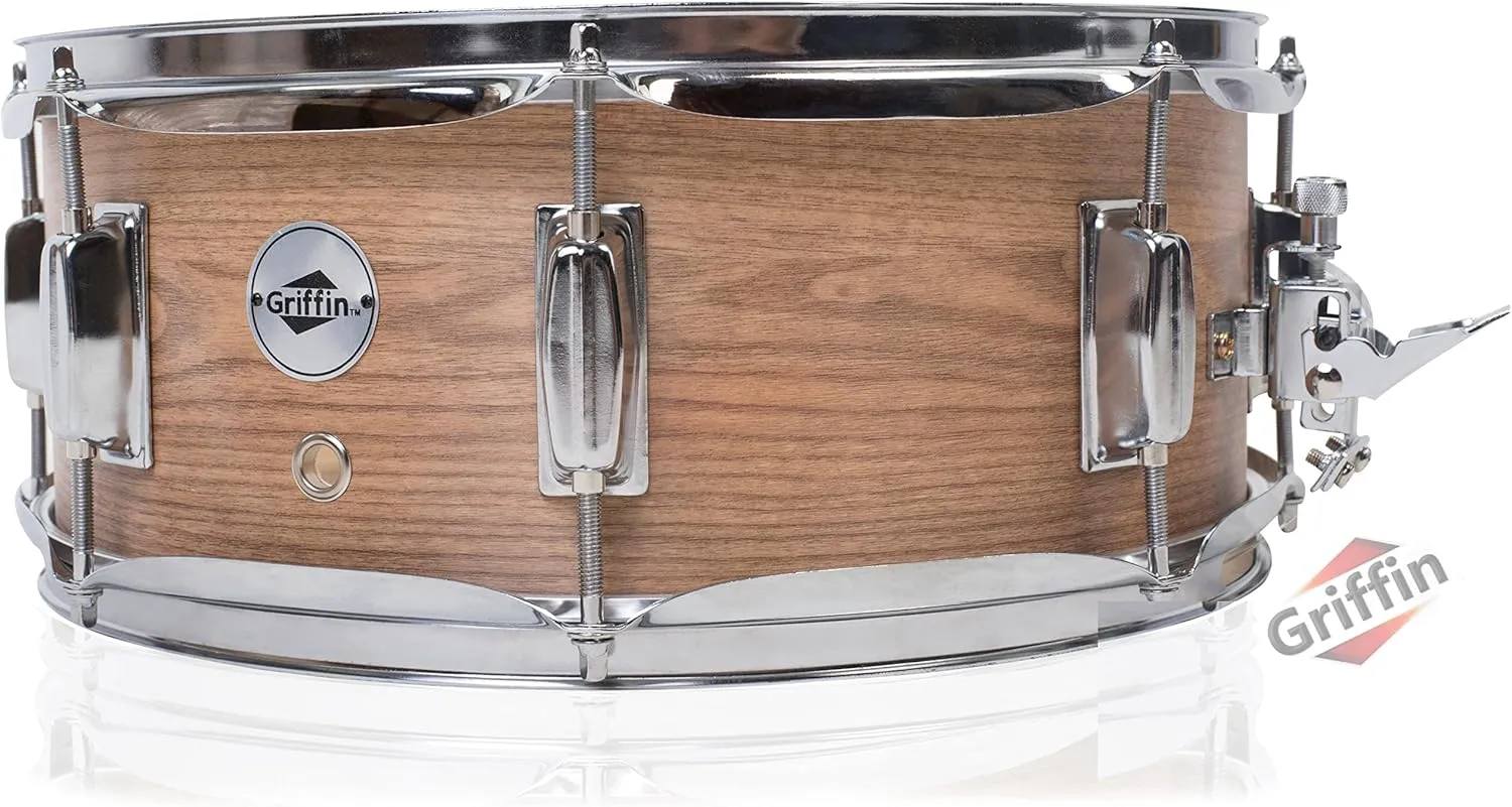 Oak Wood Snare Drum by GRIFFIN | PVC on Poplar Wood Shell 14" x 5.5" | Percussion Musical Instrument with Drummers Key for Students & Professionals|8 Tuning Lugs & Deluxe Snare Strainer