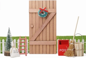 Odoria Dollhouse Christmas Tree Miniature: 1/12 Scale Door Wooden Ladder for Elf Gnome Fairy Garden Xmas Decoration - Mini Wreath Wall Garland Set Witch Broom for Craft Rustic Outdoor