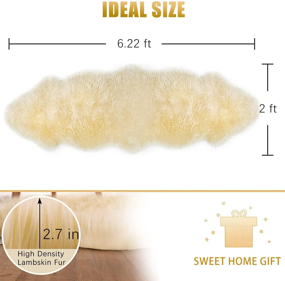 OKAYDA Genuine New Zealand Sheepskin Area Rug Soft Lambskin Decorative Rug for Bedroom Sofa Floor One Pelt (Beige 2 pelt)