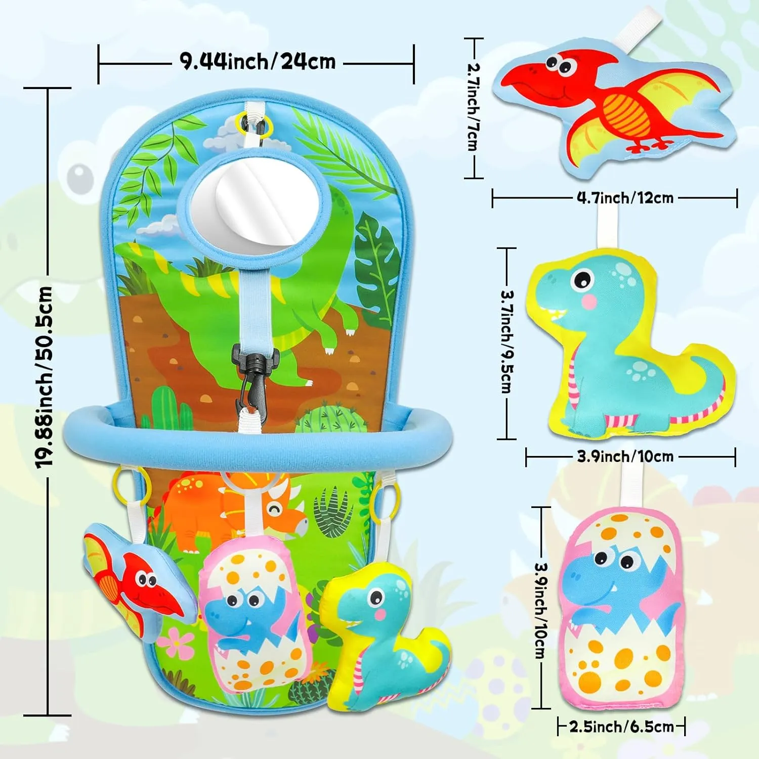 OKOOKO Car Seat Toy Car Seat Activity Arch Toy Rear Facing Car Seat Toy with Mirror Squeaker Ringing Bell Adjustable Easy Drive Non-Toxic Travel Sensory Toy for Infant Baby 6-12 Month