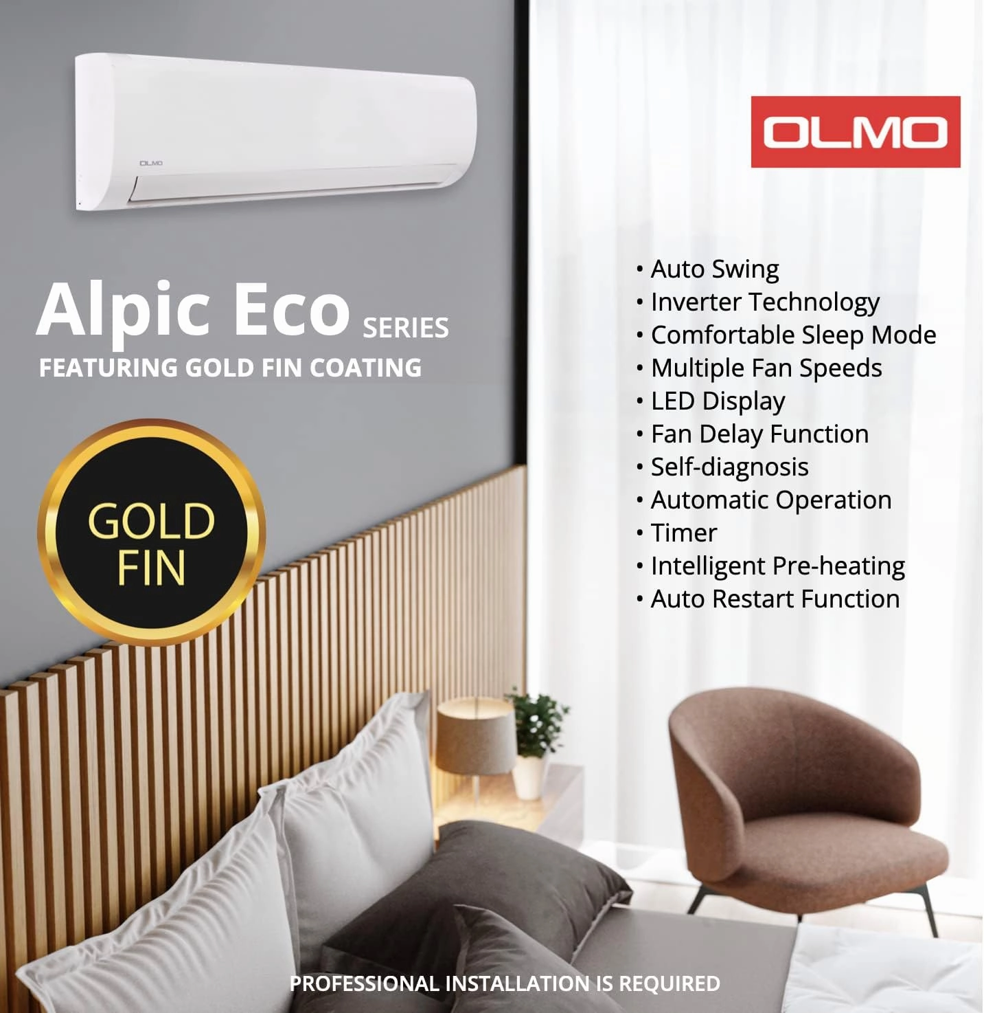 OLMO Alpic 12,000 BTU, 110/120V, 17.4 SEER2, Pre-charged Ductless Mini Split Air Conditioner with Heat Pump Including 16ft Installation Kit…