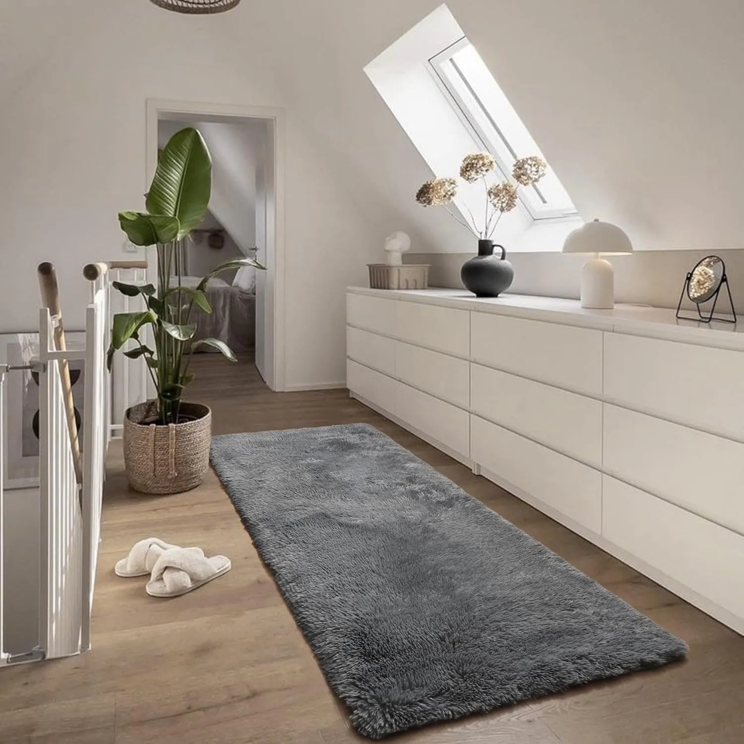 ONASAR 2x6 Grey Runner Rugs for Bedroom Living Room, Washable Fluffy Bedside Hallway Throw Area Rug, Gray Ultra Soft Plush Furry Floor Carpet Mat for Nursery Kids Dorm Closet Home Decor Aesthetic