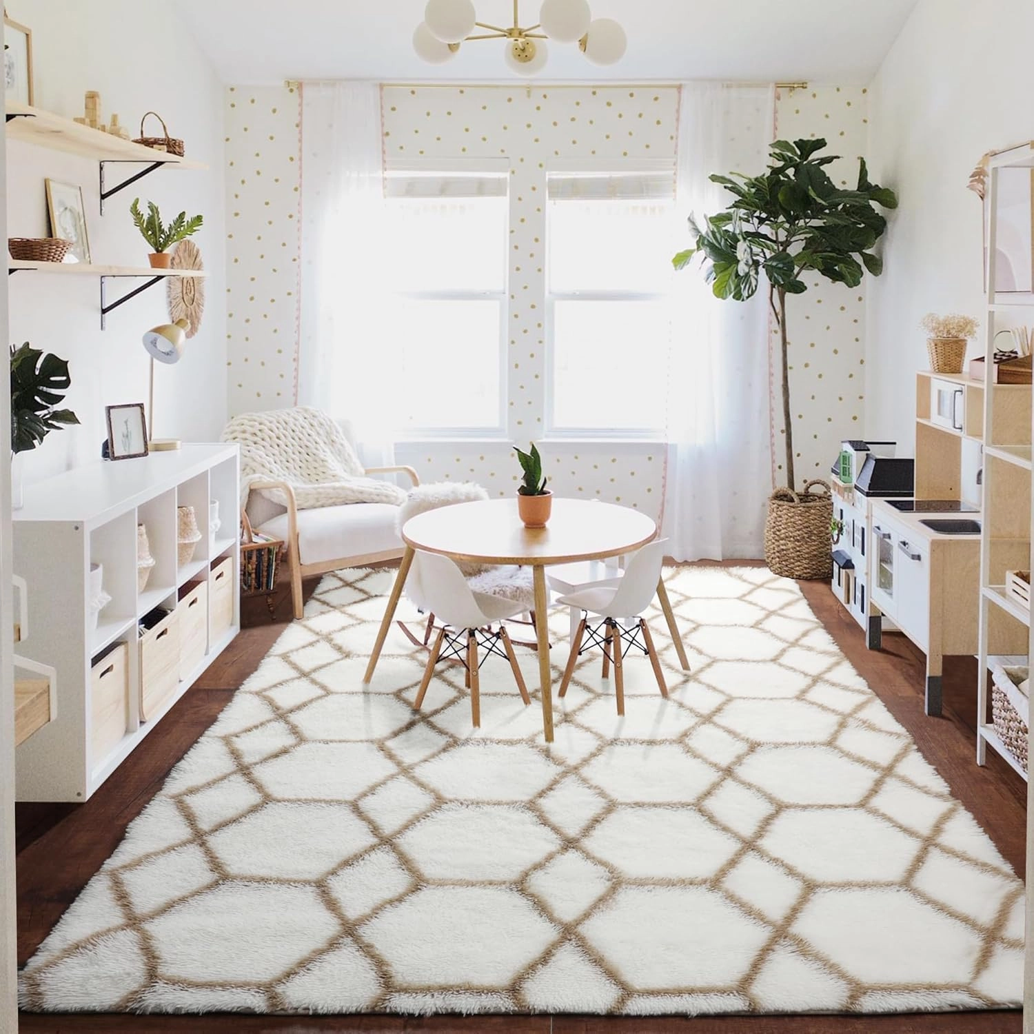 ONASAR 5x7 Area Rugs for Living Room Bedroom, Washable Fluffy White and Beige Faux Fur Bedside Rug, Geometric Boho Soft Plush Shaggy Floor Carpet Mat for Nursery Kids Girls Teen Dorm Home Decor