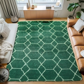 ONASAR Area Rugs 4x6 for Bedroom Living Room, Fluffy Geometric Moroccan Dark Green and White Trellis Rug for Home Decor, Soft Shaggy Plush Floor Carpet for Kids Teen Nursery Dorm Office
