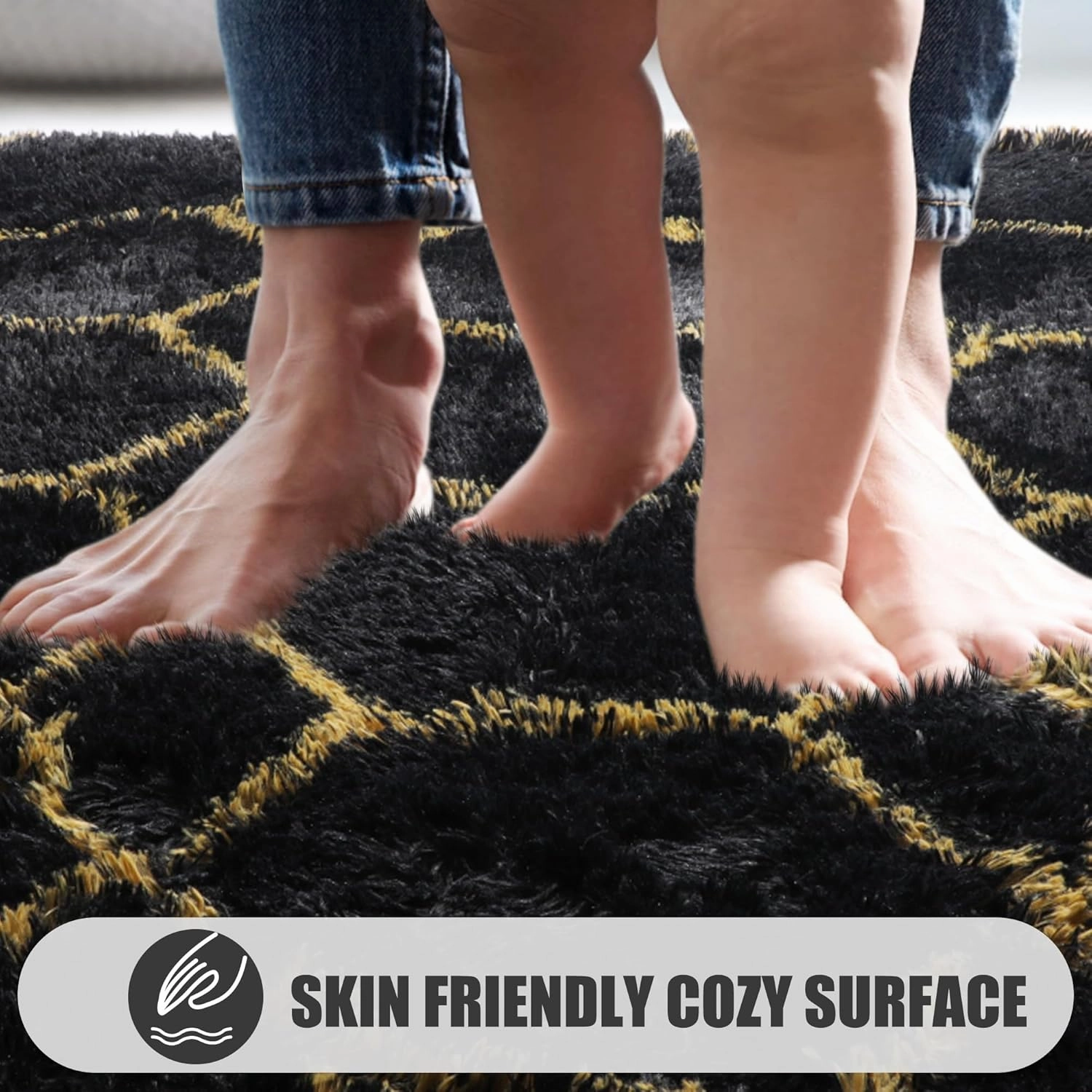 ONASAR Area Rugs for Bedroom Living Room, Washable 4x6 Fluffy Black and Gold Throw Rug, Shaggy Geometric Floor Mat for Home Decor, Soft Plush Carpet for Kids Teen Playroom Dorm Classroom Office