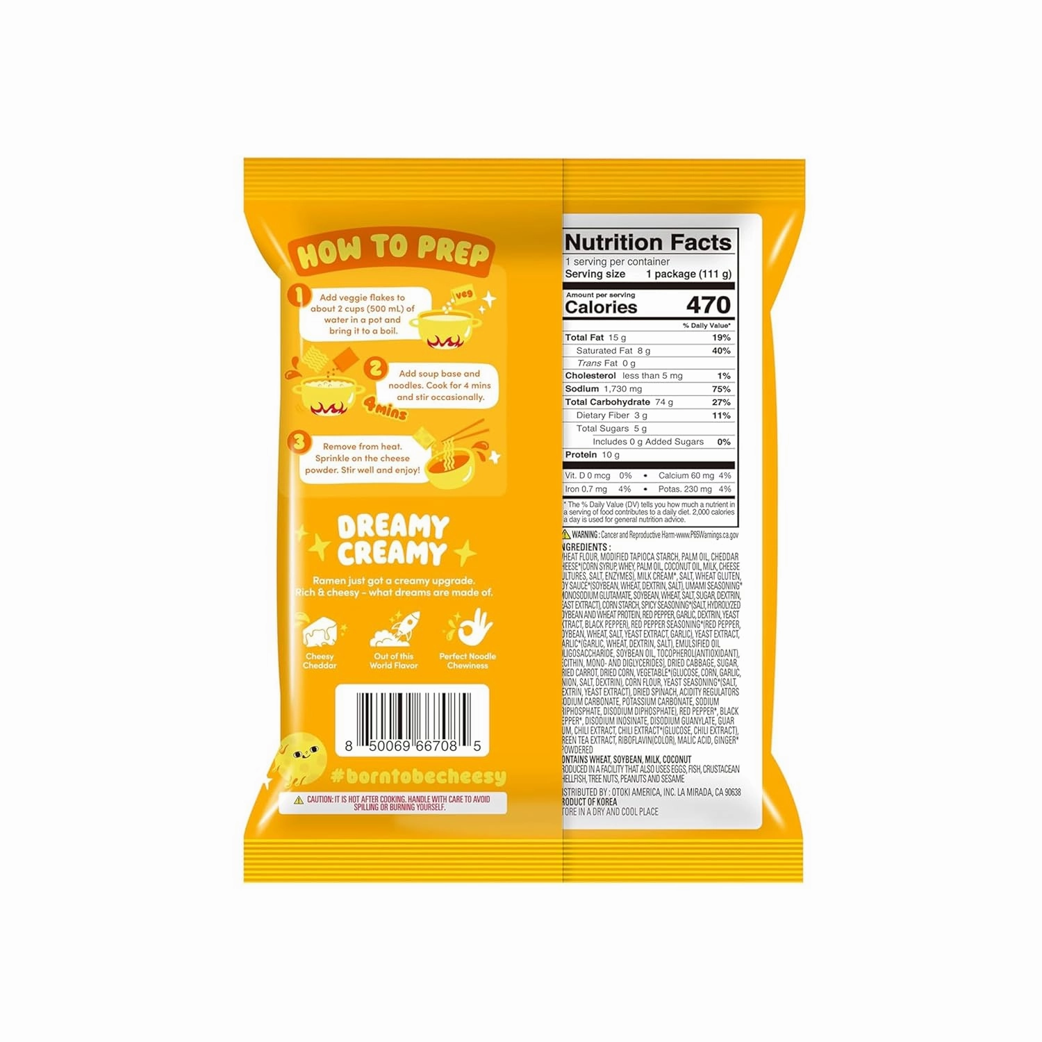 OTOKI Cheesy Ramen, Cheddar Flavor (8 Pack) | Non-Spicy, Creamy & Savory Korean Instant Noodles (PACK OF 8, Cheddar Flavor)