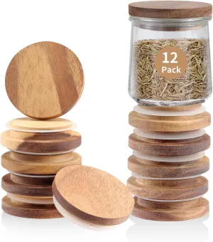 Oui Yogurt Jar Lids | 12 Pack Natural Wooden Lids for Oui Yogurt Jars with Silicone Sealing Rings | Lids Only | Perfect Airtight Storage For 5 Oz Oui Yogurt Glass Jars with Bottle Label