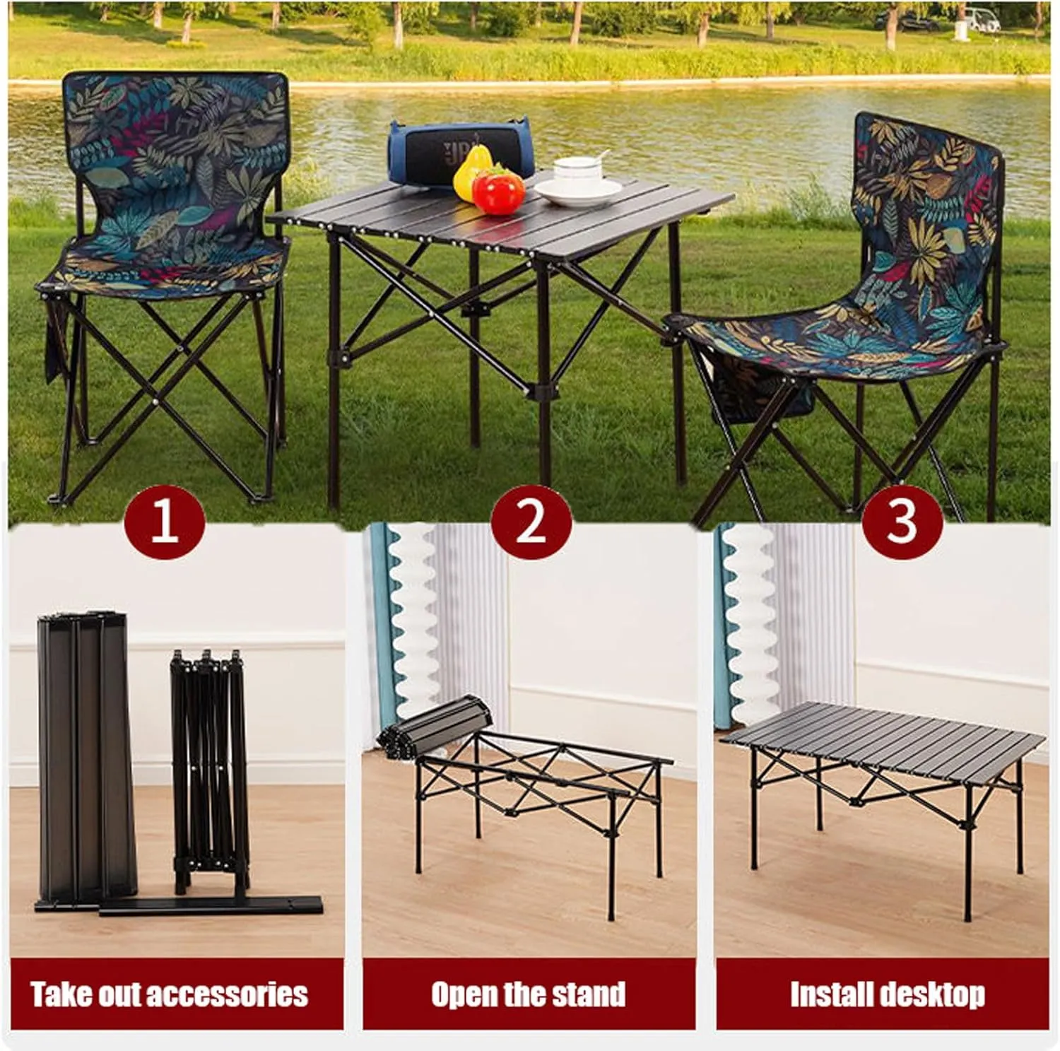 Outdoor Camping air Sets with Table, Aluminum Alloy Folding Camp Table and airs Side Pockets Carry Bags, for Fishing Hiking Sports