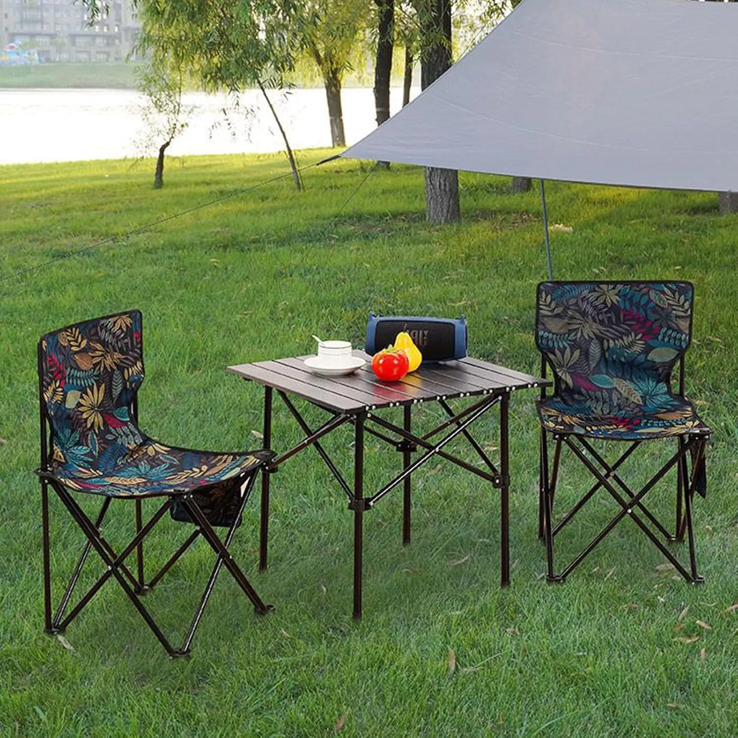 Outdoor Camping air Sets with Table, Aluminum Alloy Folding Camp Table and airs Side Pockets Carry Bags, for Fishing Hiking Sports