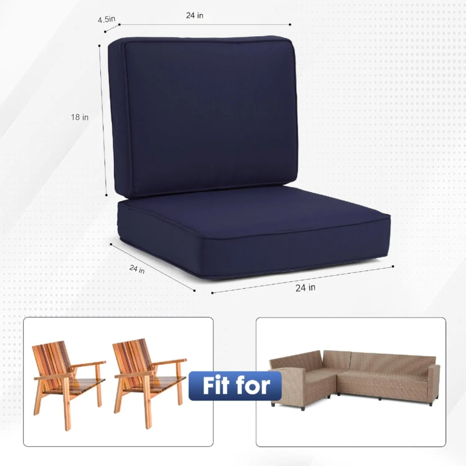 Outdoor Deep Seating Cushion Set, 24" x 24", Patio Chair Deep Seat Cushion and Back Cushion (1, Dark&Blue)
