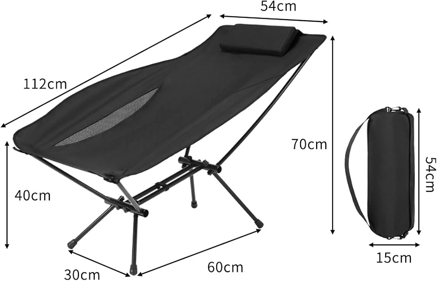 Outdoor Foldable Aluminum Alloy Recliner Portable Folding Lay Flat Chair Padded Pillow Nap Lunch Break Fishing Lightweight Beach Lazy Stool Leisure Camping-Noir
