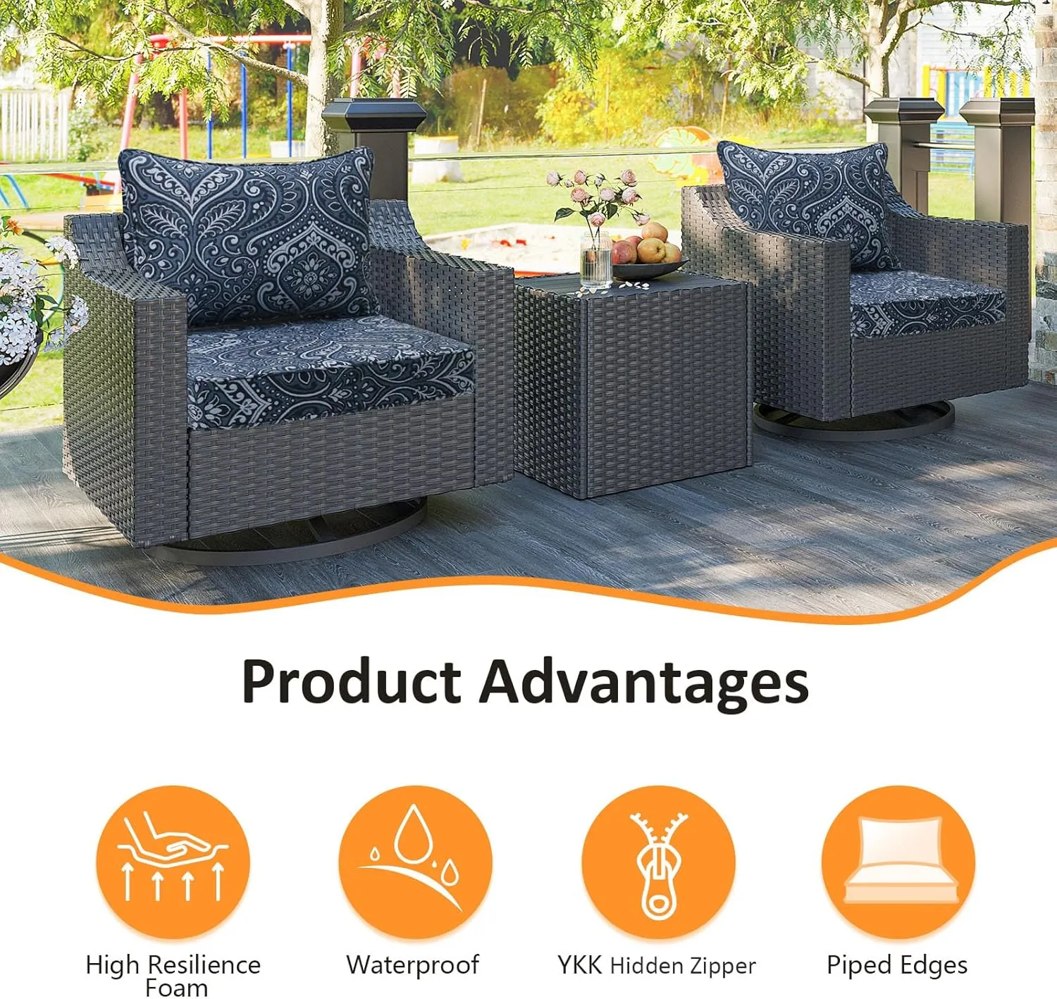 Outdoor Patio Chair Cushions Set, 24" x 24", Set of 2, Water-Repellent, Fade Resistant, Deep Seat Bottom and Back Cushion for Backyard, Couch, Sofa and Patio Furniture, Damask Blue Flower