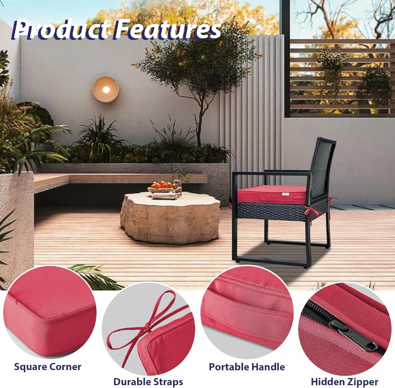 Outdoor Chair Cushions Set of 4,Waterproof Outdoor Seat Cushions for Patio Furniture,Patio Chair Cushion with Handle and Ties, Square Out Door Chair Pads,18.5" x 16" x 3", Burgundy