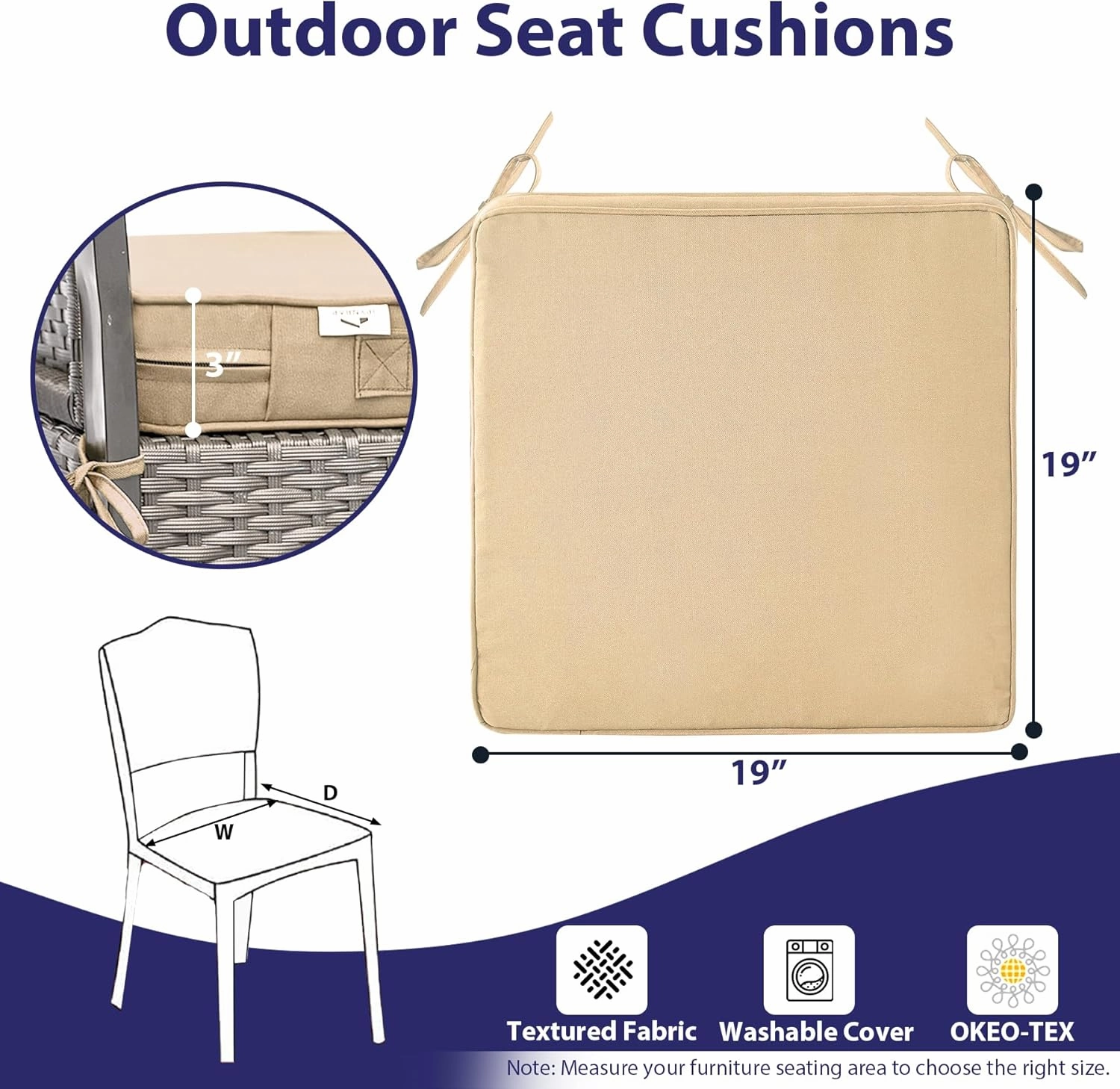 Outdoor Chair Cushions Set of 4, Waterproof Outdoor Seat Cushions for Patio Furniture, Patio Chair Cushion with Handle and Ties, Square Out Door Chair Pads,19" x 19" x 3", Beige