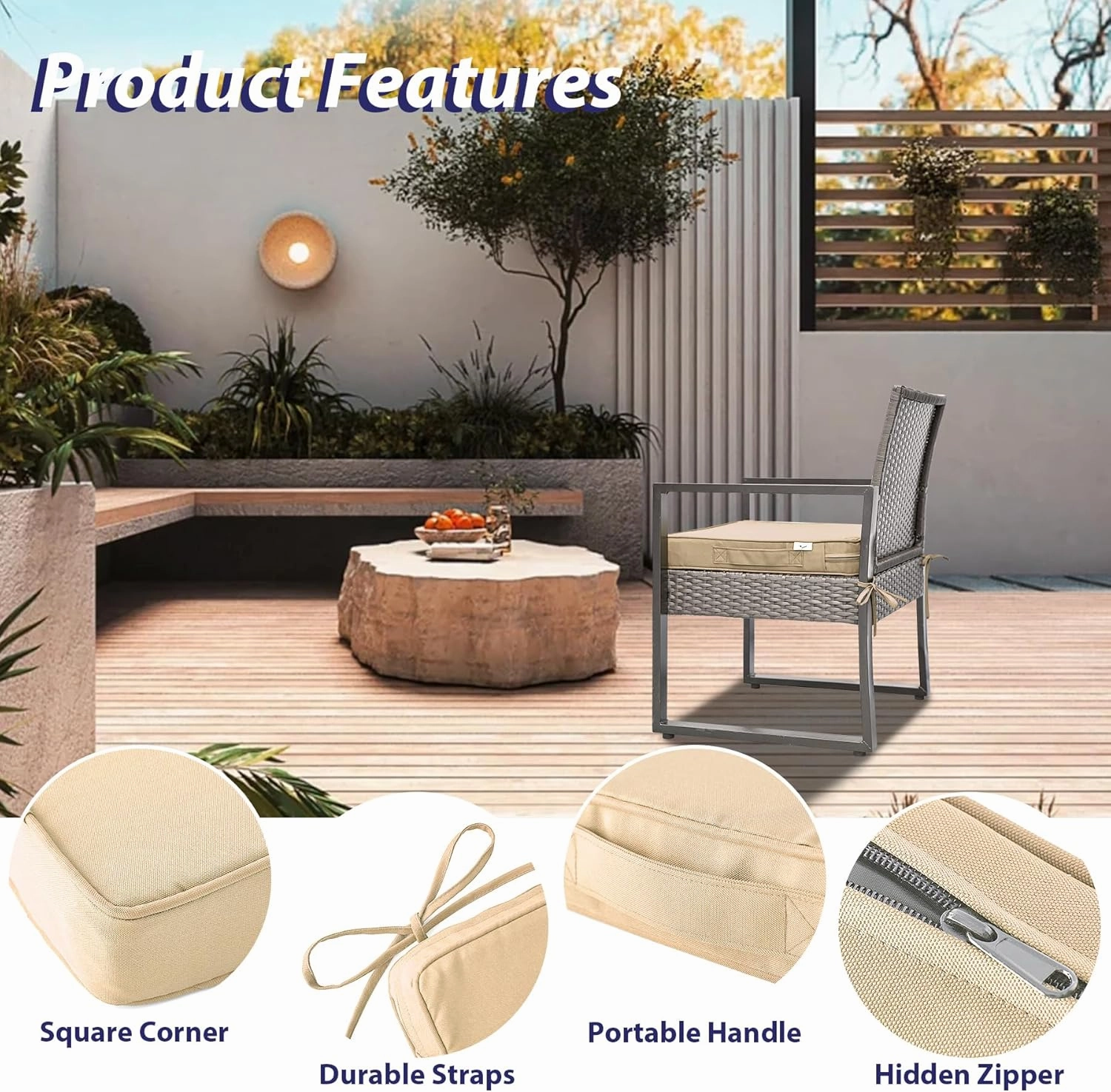 Outdoor Chair Cushions Set of 4, Waterproof Outdoor Seat Cushions for Patio Furniture, Patio Chair Cushion with Handle and Ties, Square Out Door Chair Pads,19" x 19" x 3", Beige