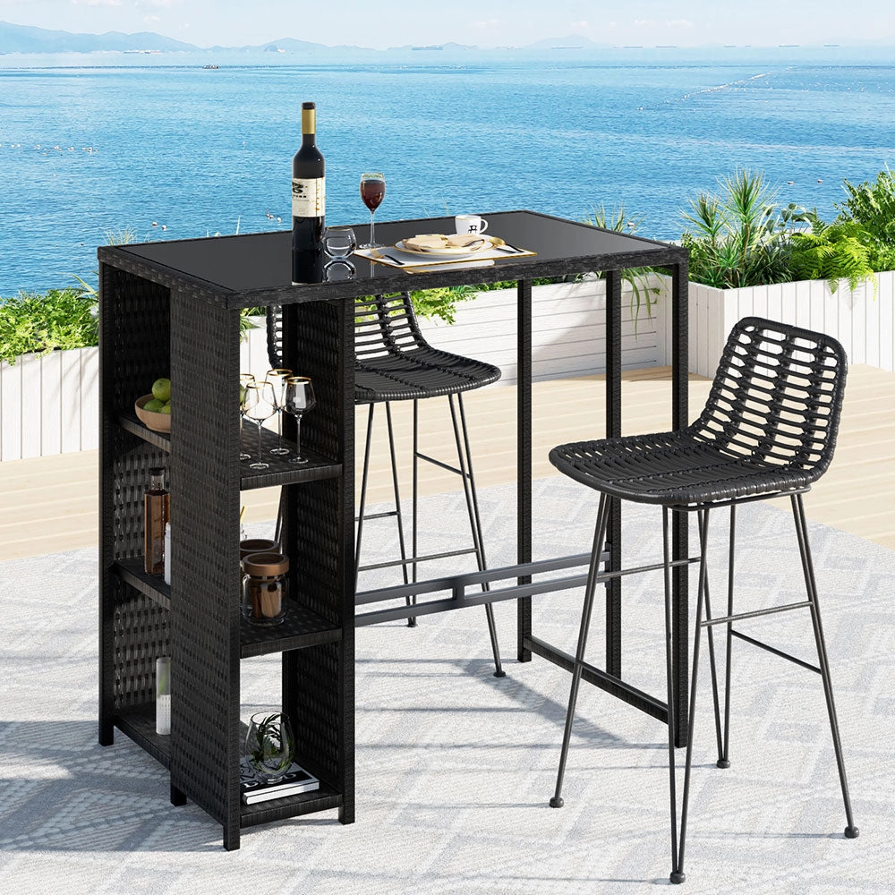 Outdoor Wicker Bar Table & Stool Set - Black