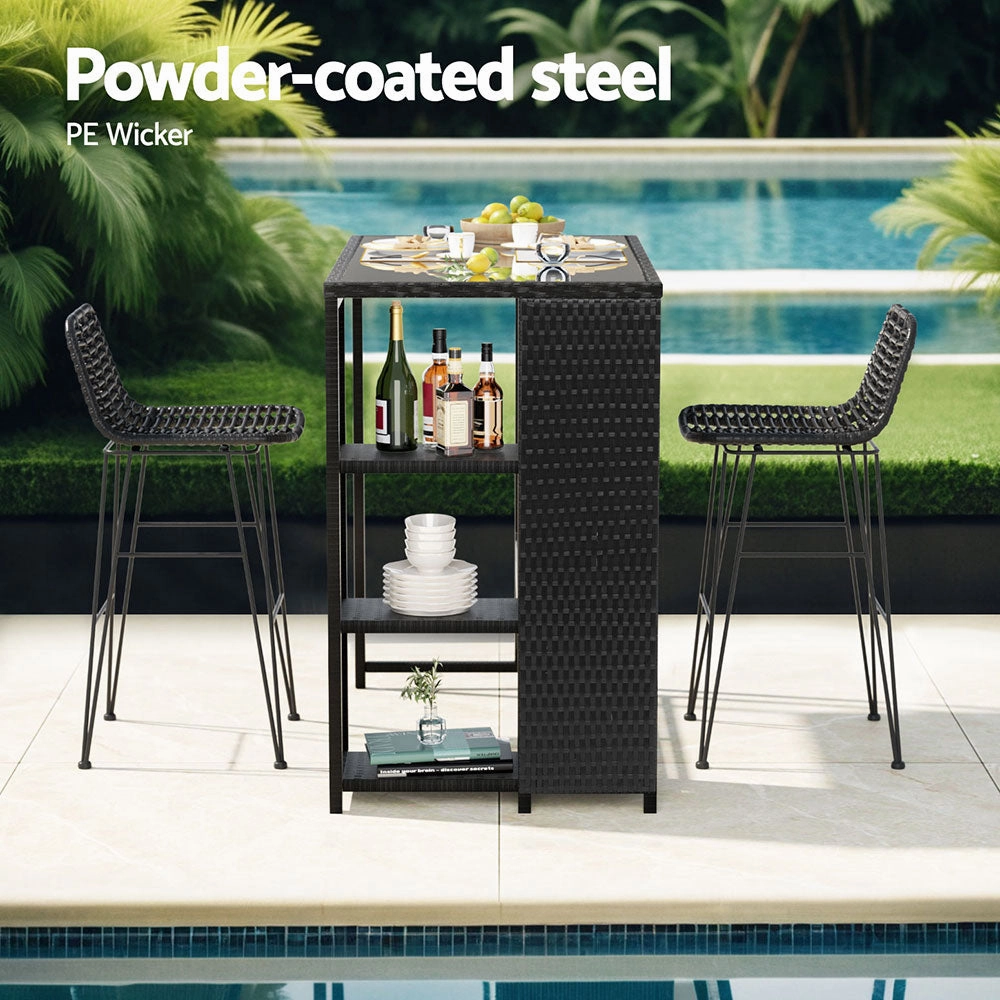 Outdoor Wicker Bar Table & Stool Set - Black