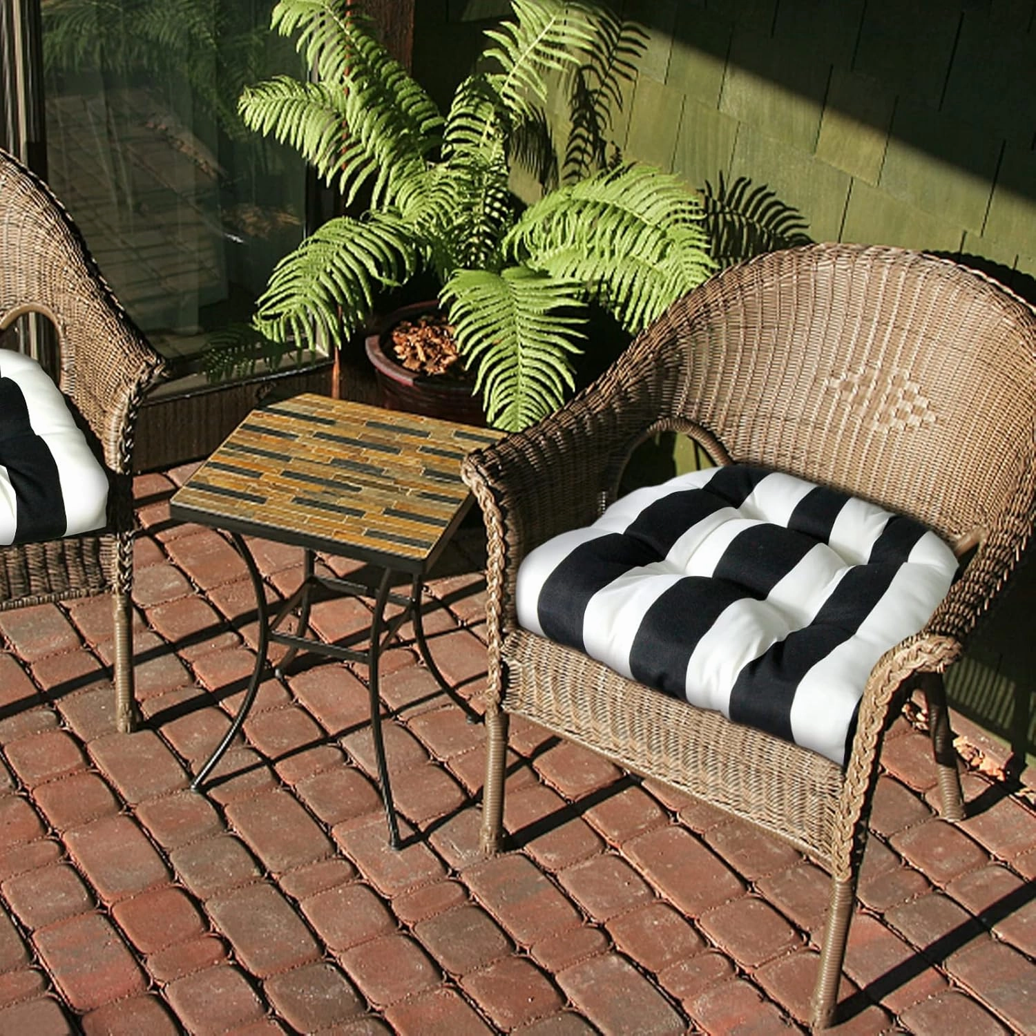 Pack of 2 Outdoor Indoor Tufted Seat Cushions, 19" x 19" U-Shape Cushions for Wicker Chair Seat,Patio Cushions, Furniture Dinning Chair Pad (Wicker cuhions, Black Stripe)