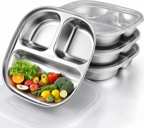 Palksky Stainless Steel Kids Plates, Balanced Bites Divided Plates for Toddlers, Portion Control Plate, Metal Lunch Tray Dishes, Non Toxic & 100% BPA Free, Dishwasher Safe, Set of 4