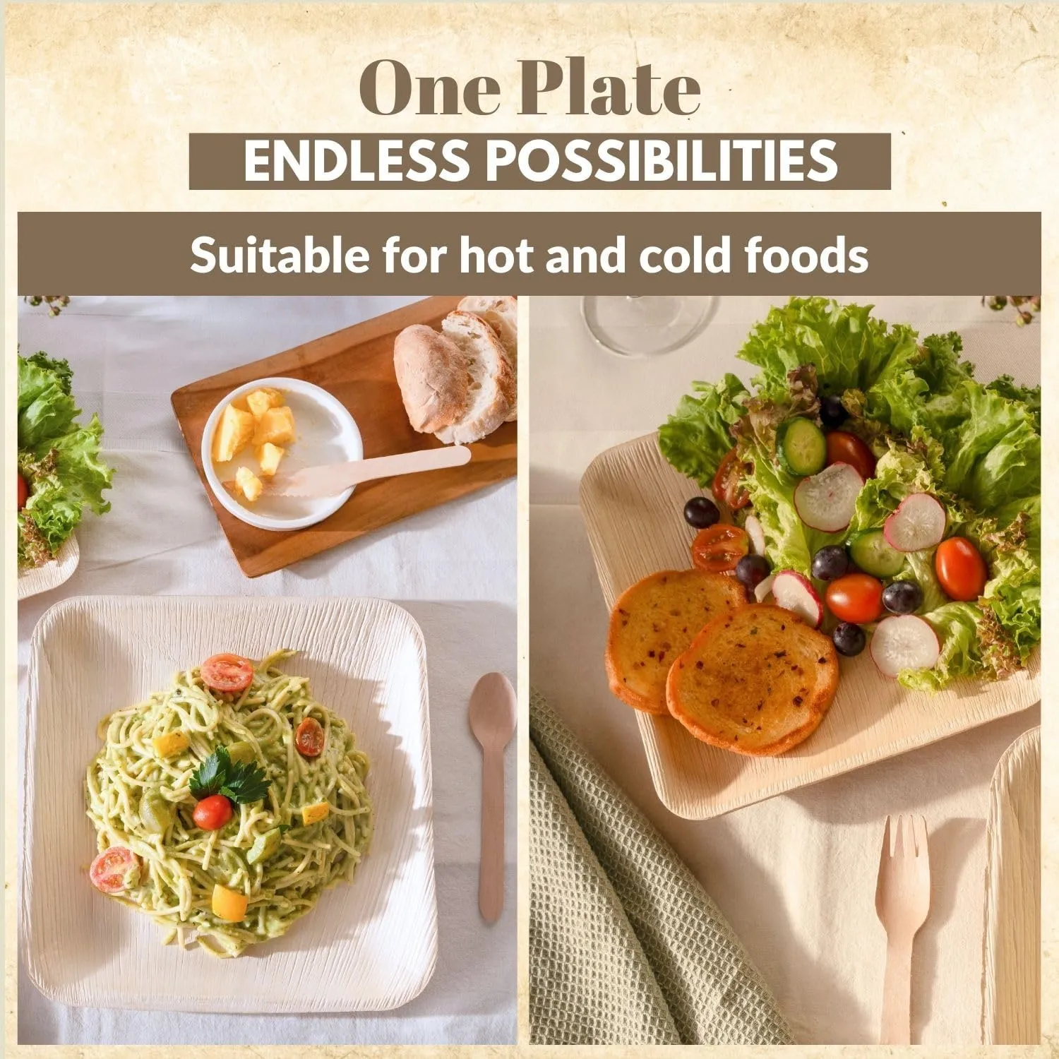 Palm Leaf Plates 10 Inch & 8 Inch Square Bamboo Plates with Cutlery [50-Pack] - Biodegradable and Compostable Set for Appetizer and Dinner with Wood Forks and Knives