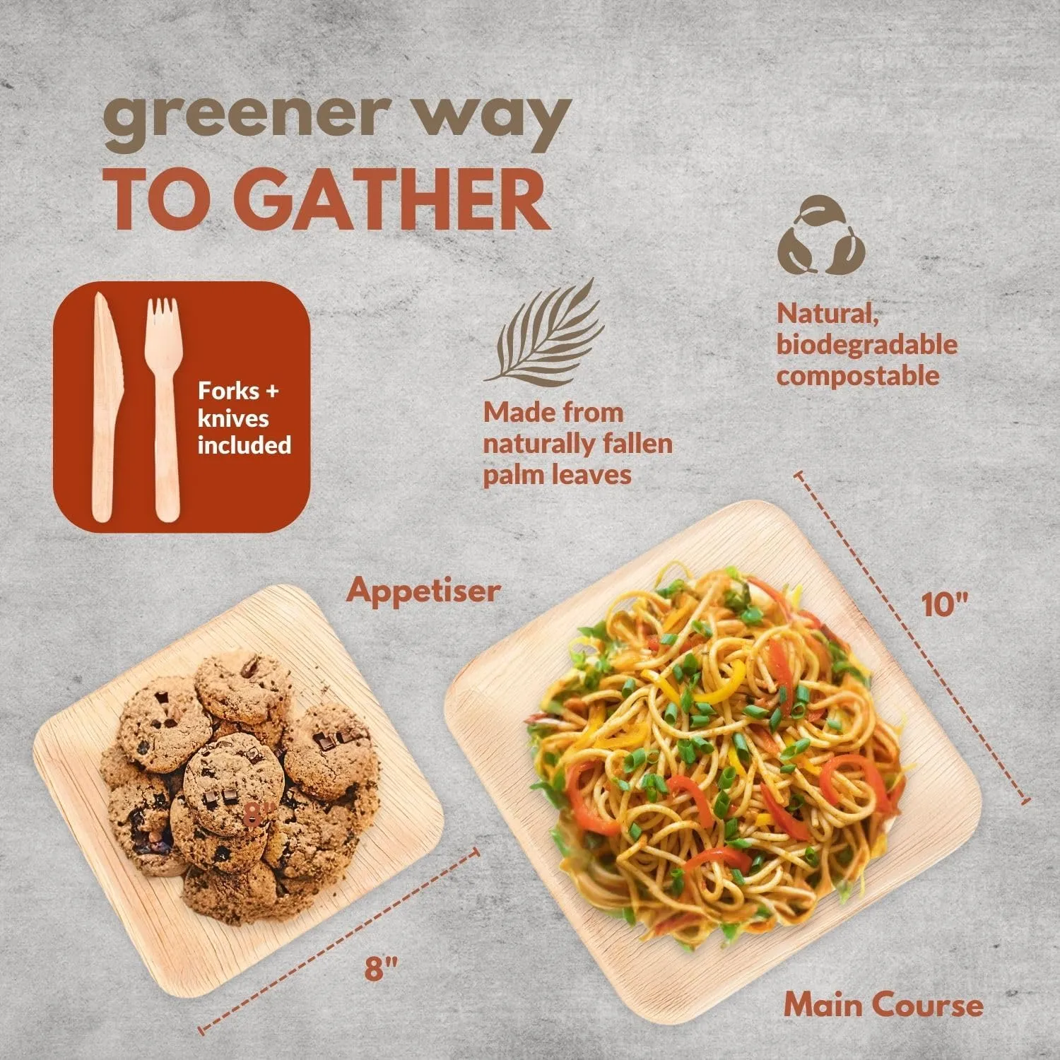 Palm Leaf Plates 10 Inch & 8 Inch Square Bamboo Plates with Cutlery [50-Pack] - Biodegradable and Compostable Set for Appetizer and Dinner with Wood Forks and Knives