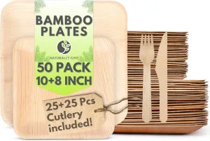 Palm Leaf Plates 10 Inch & 8 Inch Square Bamboo Plates with Cutlery [50-Pack] - Biodegradable and Compostable Set for Appetizer and Dinner with Wood Forks and Knives
