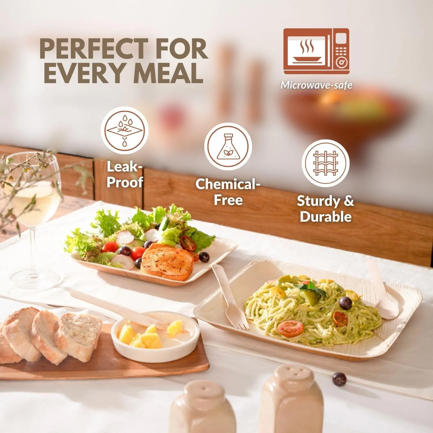 Palm Leaf Plates 10 Inch & 8 Inch Square Bamboo Plates with Cutlery [50-Pack] - Biodegradable and Compostable Set for Appetizer and Dinner with Wood Forks and Knives