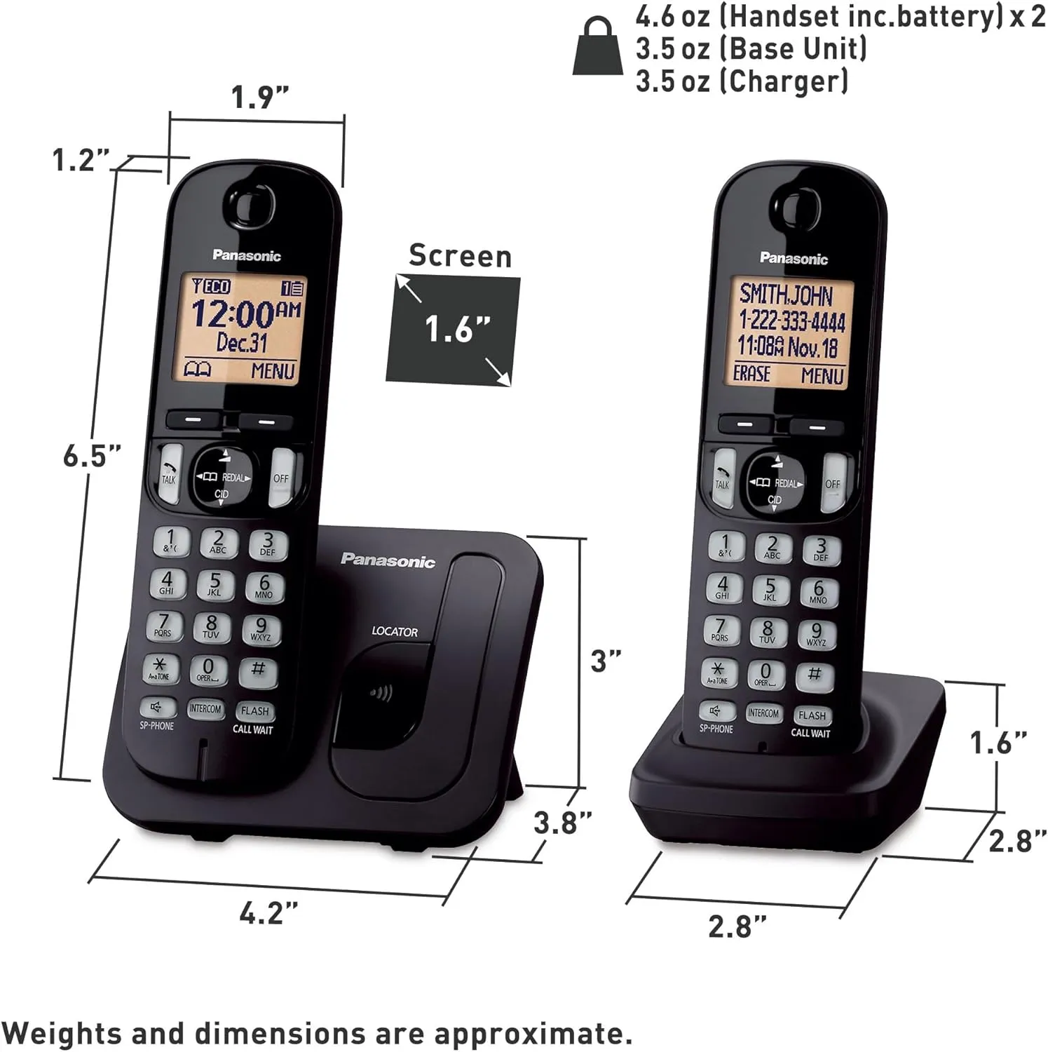 Panasonic Cordless Phone, 1.6" Backlit Display, Call Block, Speakerphone, 10 Hours Talk Time, 2 Handsets - KX-TGC202B (Black)