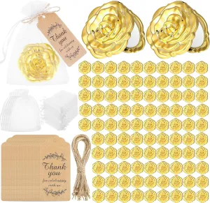 Panelee 96 Set Rose Compact Mirrors Bulk Wedding Party Favors Including Rose Shape Mirrors Thank You Tags and Jute Twine with White Organza Bags for Wedding Guests Souvenir(Gold)