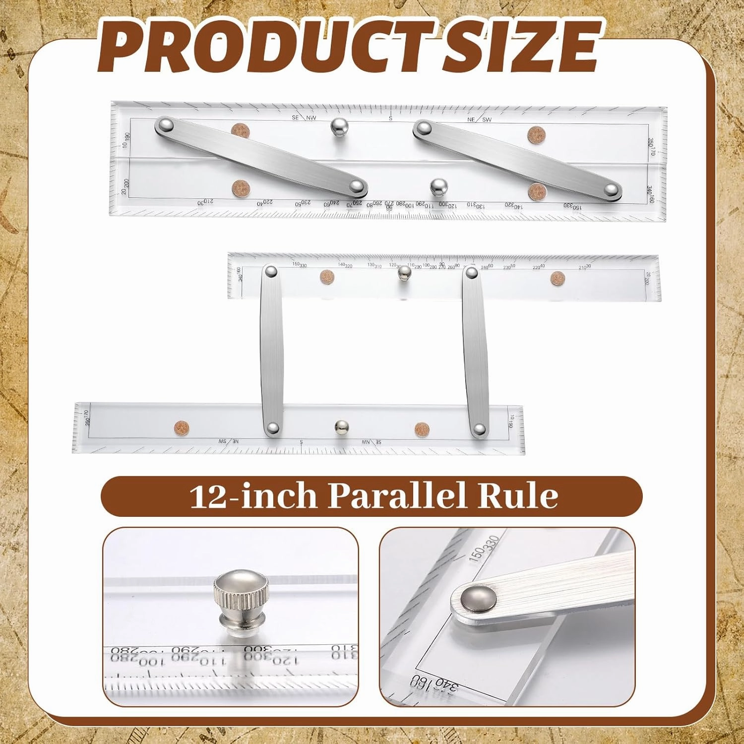 Parallel Ruler Marine Navigation Tool with Clear Scales Parallel Ruler with Brushed Aluminum Arms Nautical Charts Navigation Tools for Boat Ship Drawing(12 Inch)