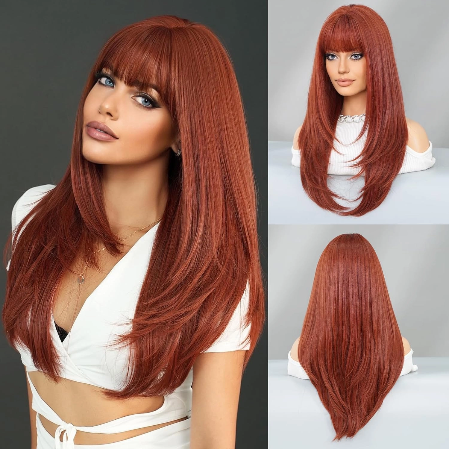 PARK YUN Long Straight Auburn Wig with Bangs 26 Inch Orange Ginger Synthetic Layered Hair Wigs for Women Natural Copper Red Head Heat Resistant Wig for Daily Party Use