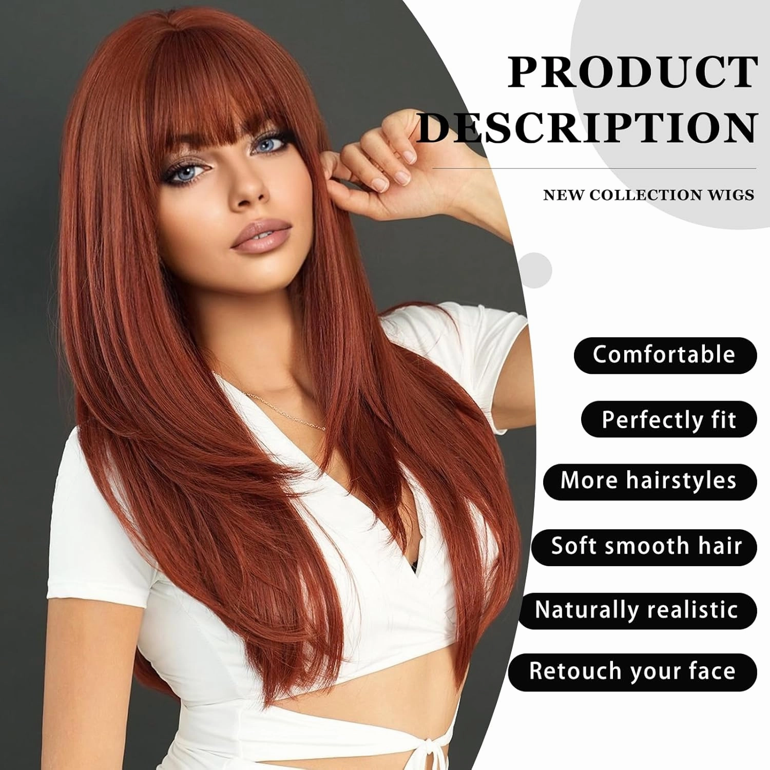 PARK YUN Long Straight Auburn Wig with Bangs 26 Inch Orange Ginger Synthetic Layered Hair Wigs for Women Natural Copper Red Head Heat Resistant Wig for Daily Party Use
