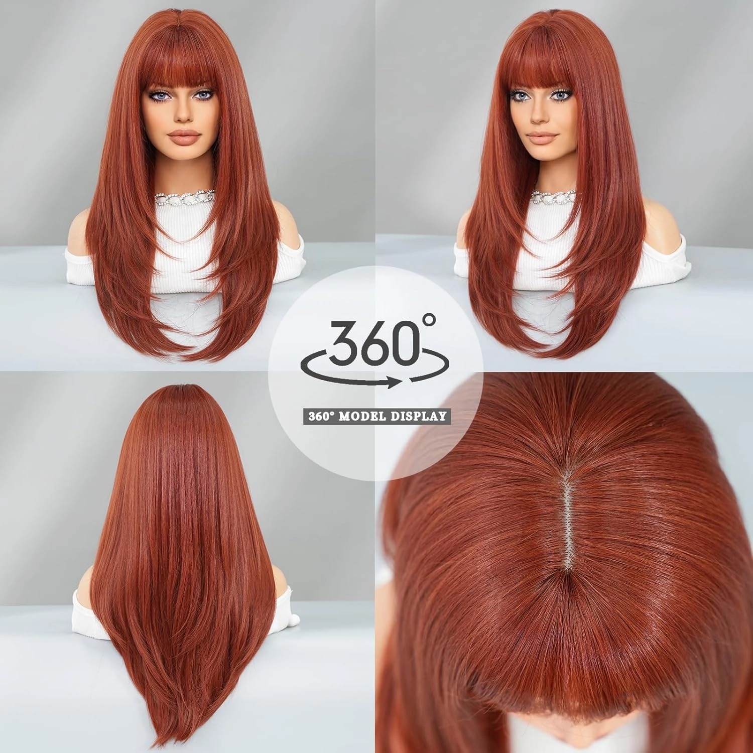 PARK YUN Long Straight Auburn Wig with Bangs 26 Inch Orange Ginger Synthetic Layered Hair Wigs for Women Natural Copper Red Head Heat Resistant Wig for Daily Party Use