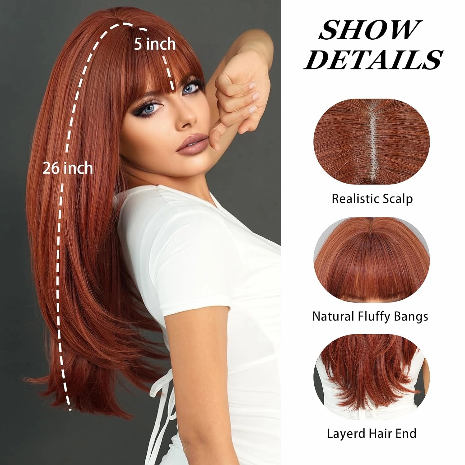 PARK YUN Long Straight Auburn Wig with Bangs 26 Inch Orange Ginger Synthetic Layered Hair Wigs for Women Natural Copper Red Head Heat Resistant Wig for Daily Party Use