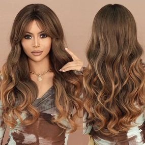 PARK YUN Long Wavy Ombre Brown Blonde Wig with Bang 24 Inch Light Brown Curtain Bangs Synthetic Heat Resistant Wig with Highlights Reverse Ombre Natural Brunette Wigs for Women Daily Party Use