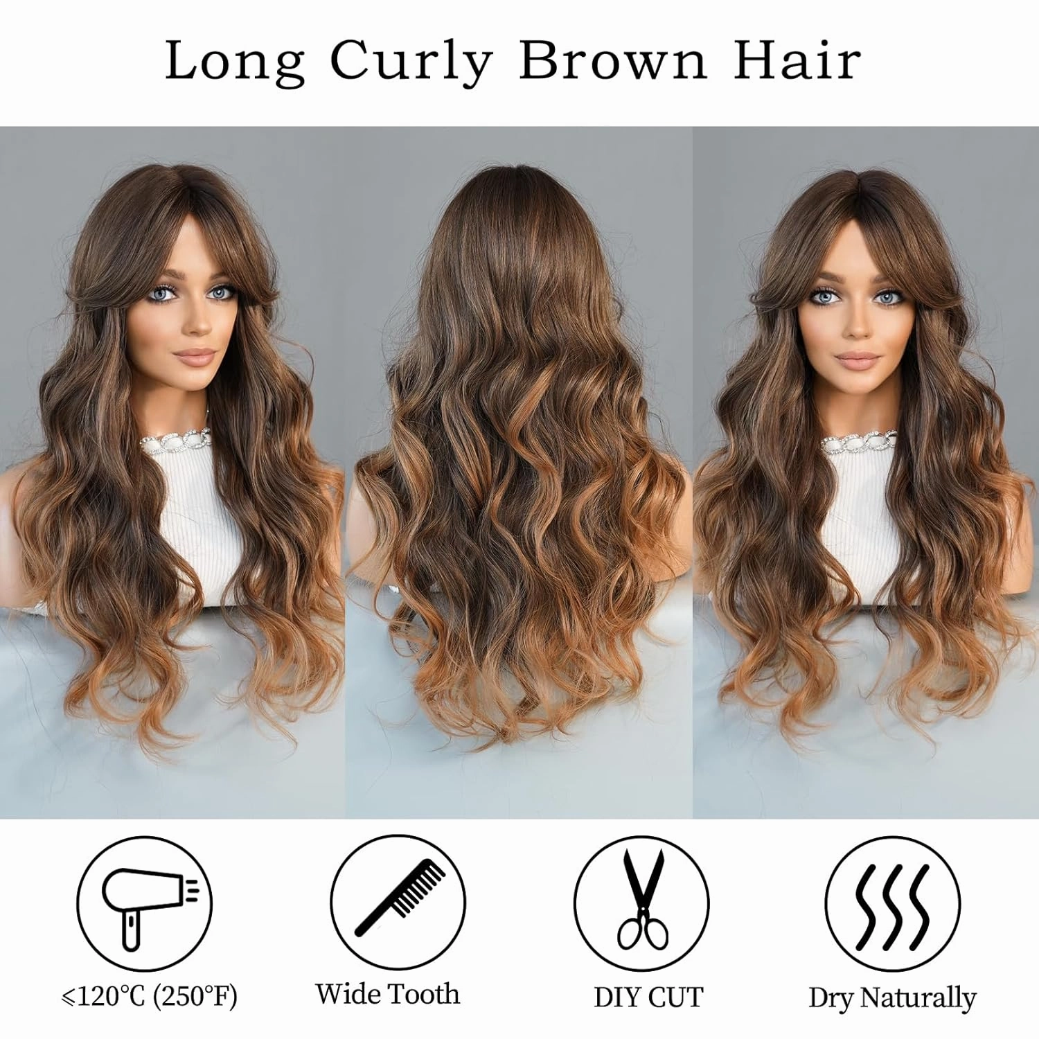 PARK YUN Long Wavy Ombre Brown Blonde Wig with Bang 24 Inch Light Brown Curtain Bangs Synthetic Heat Resistant Wig with Highlights Reverse Ombre Natural Brunette Wigs for Women Daily Party Use