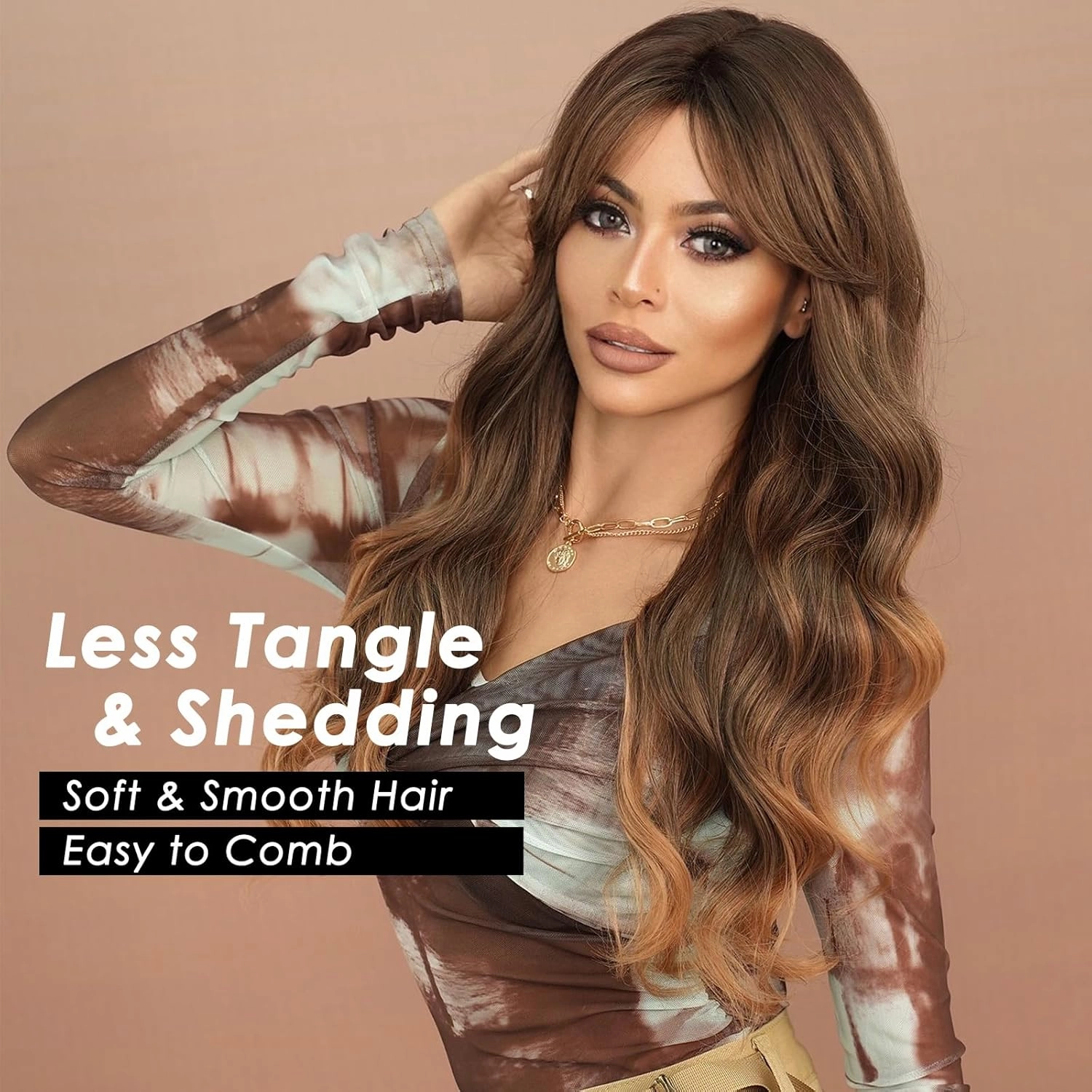 PARK YUN Long Wavy Ombre Brown Blonde Wig with Bang 24 Inch Light Brown Curtain Bangs Synthetic Heat Resistant Wig with Highlights Reverse Ombre Natural Brunette Wigs for Women Daily Party Use