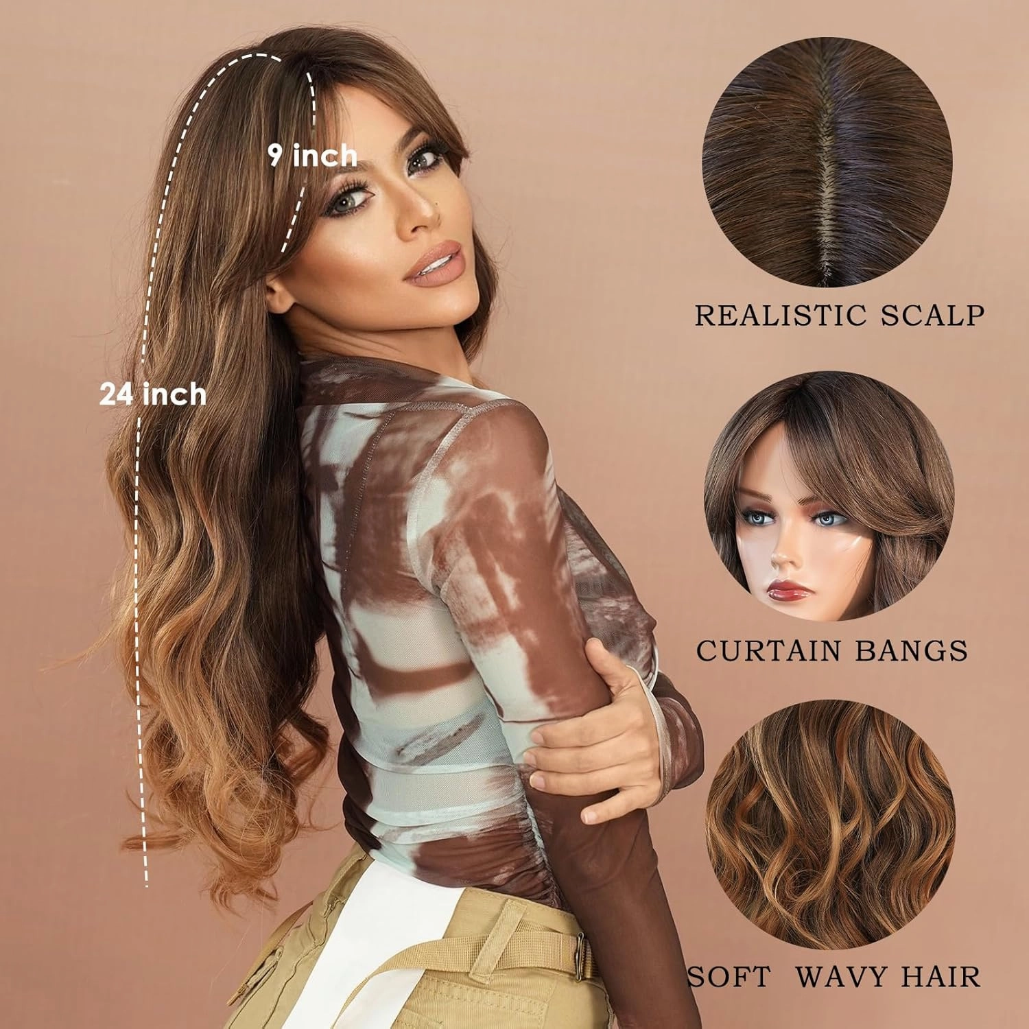 PARK YUN Long Wavy Ombre Brown Blonde Wig with Bang 24 Inch Light Brown Curtain Bangs Synthetic Heat Resistant Wig with Highlights Reverse Ombre Natural Brunette Wigs for Women Daily Party Use