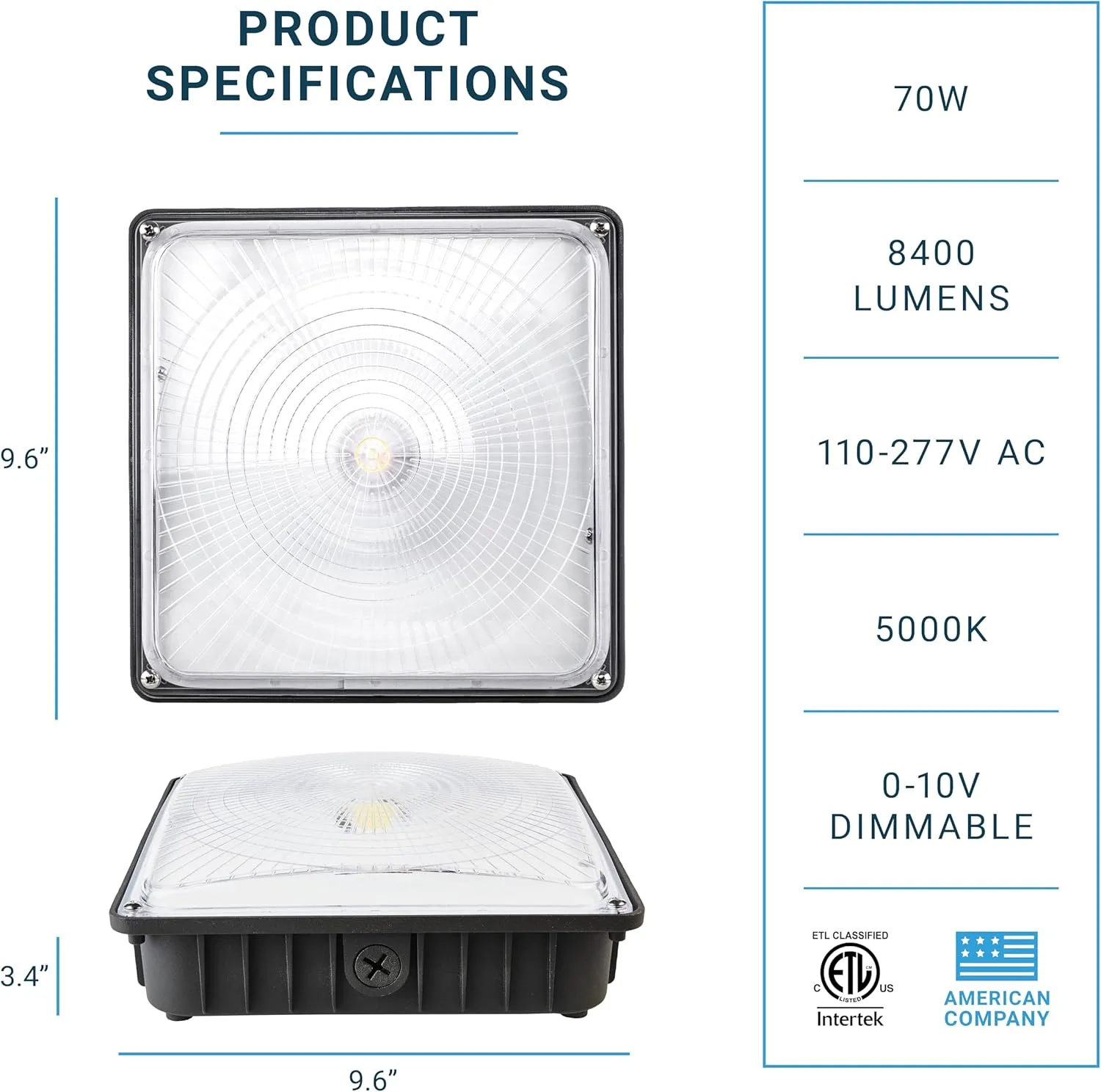 PARMIDA LED Canopy Light, 70W, Dimmable, 110-277VAC, IP65 Waterproof, ETL-Listed, 5000K, 9.6" x 9.6", Gas Station, Street, Area & Outdoor Lighting, Commercial Grade, Bronze