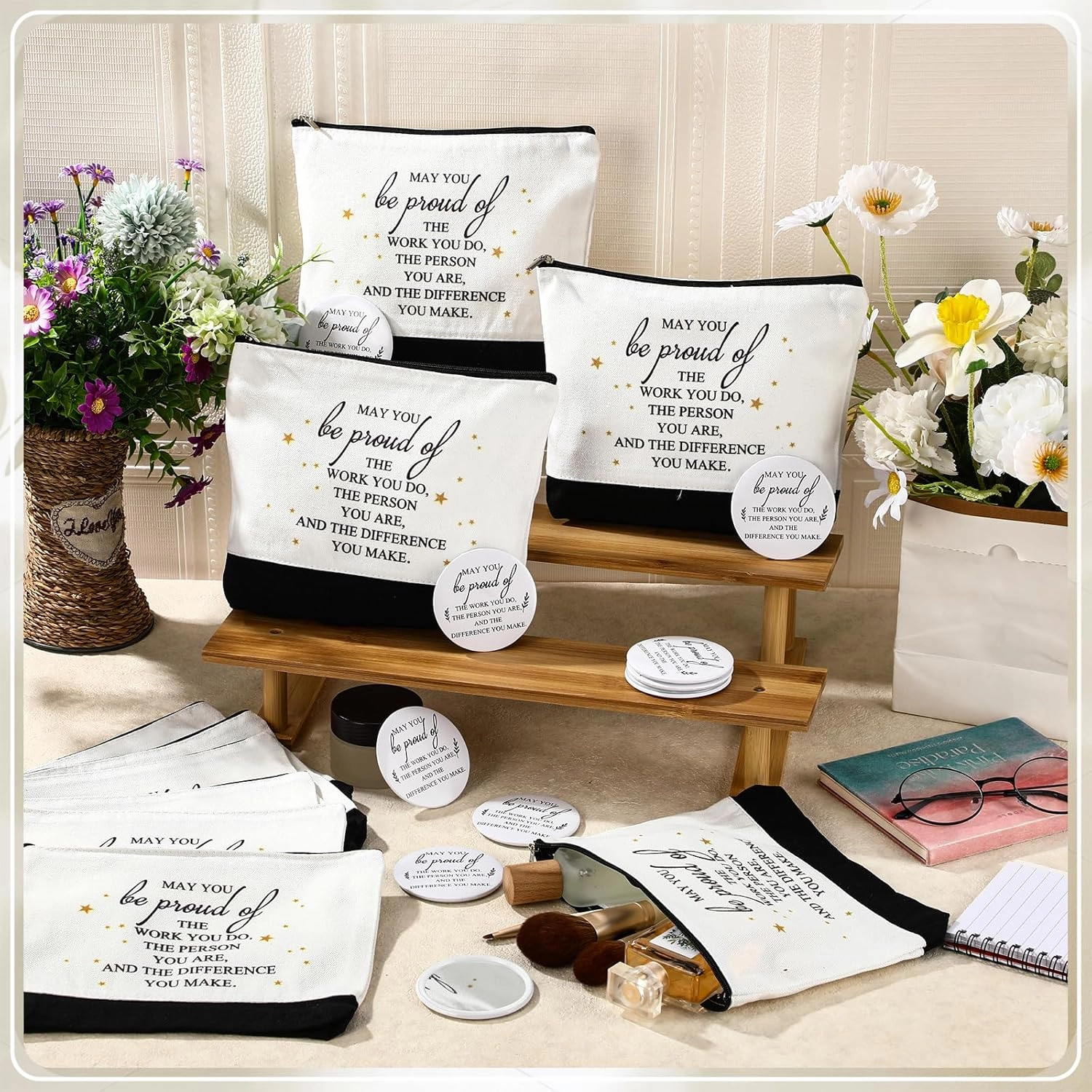 Paterr 10 Sets Employee Appreciation Gifts Bulk for Women Makeup Bags with Zipper and Mini Compact Mirrors for Teacher Nurse (May You)