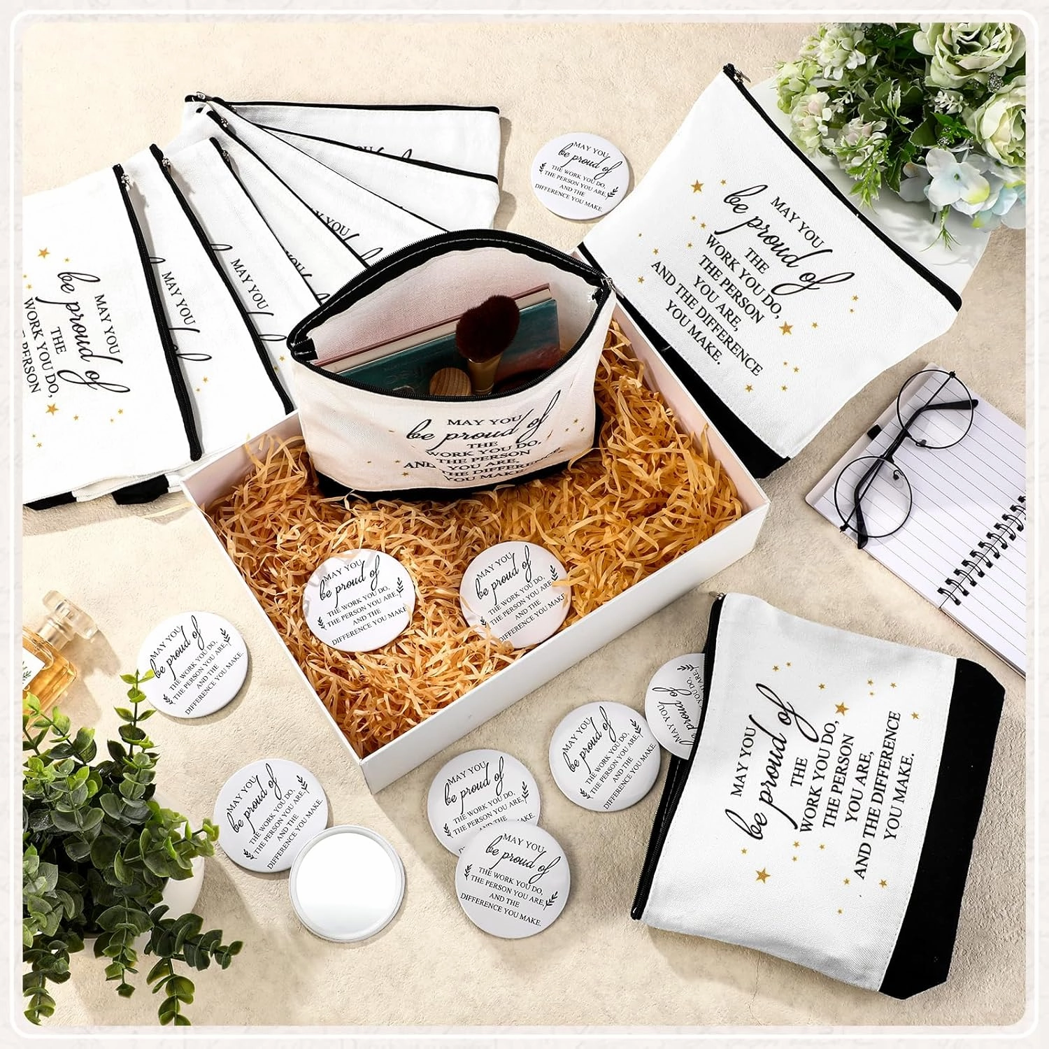 Paterr 10 Sets Employee Appreciation Gifts Bulk for Women Makeup Bags with Zipper and Mini Compact Mirrors for Teacher Nurse (May You)