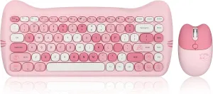 Perixx PERIDUO-715 Wireless Mini Keyboard and Mouse Set - Cute Cat-Like Design - Pink Candy Colors - Type-C Adapter - US English