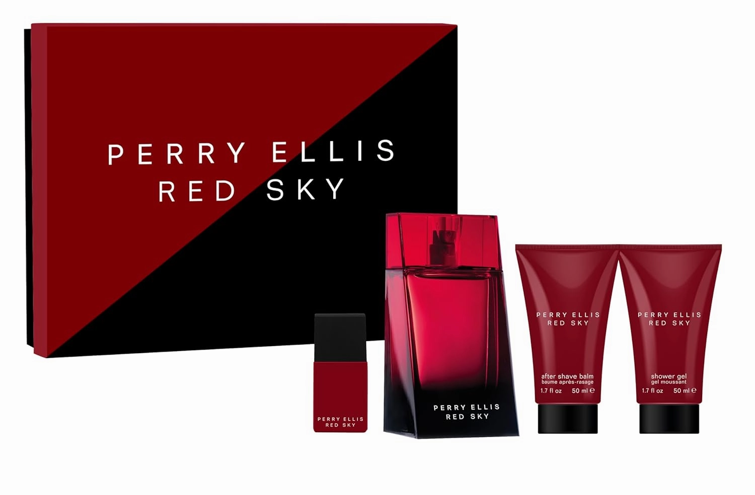 Perry Ellis Red Sky 4-Piece Gift Set - eau de toilette, aftershave, shower gel,EDT travel spray - bergamot, cardamom, juniper, lavender, rosemary, nutmeg, cedarwood, tonka bean, vetiver