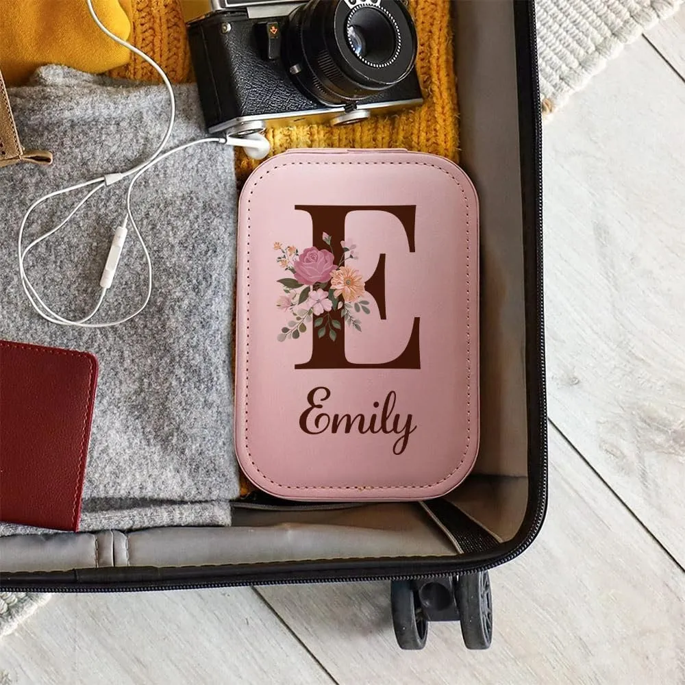 Personalized Birth Flower Travel Makeup Bag With LED Mirror Leather, Makeup Organizer Jewelry Organizer Case Valentine's, Birthday Gifts for Women (PU leather, Custom letter character)