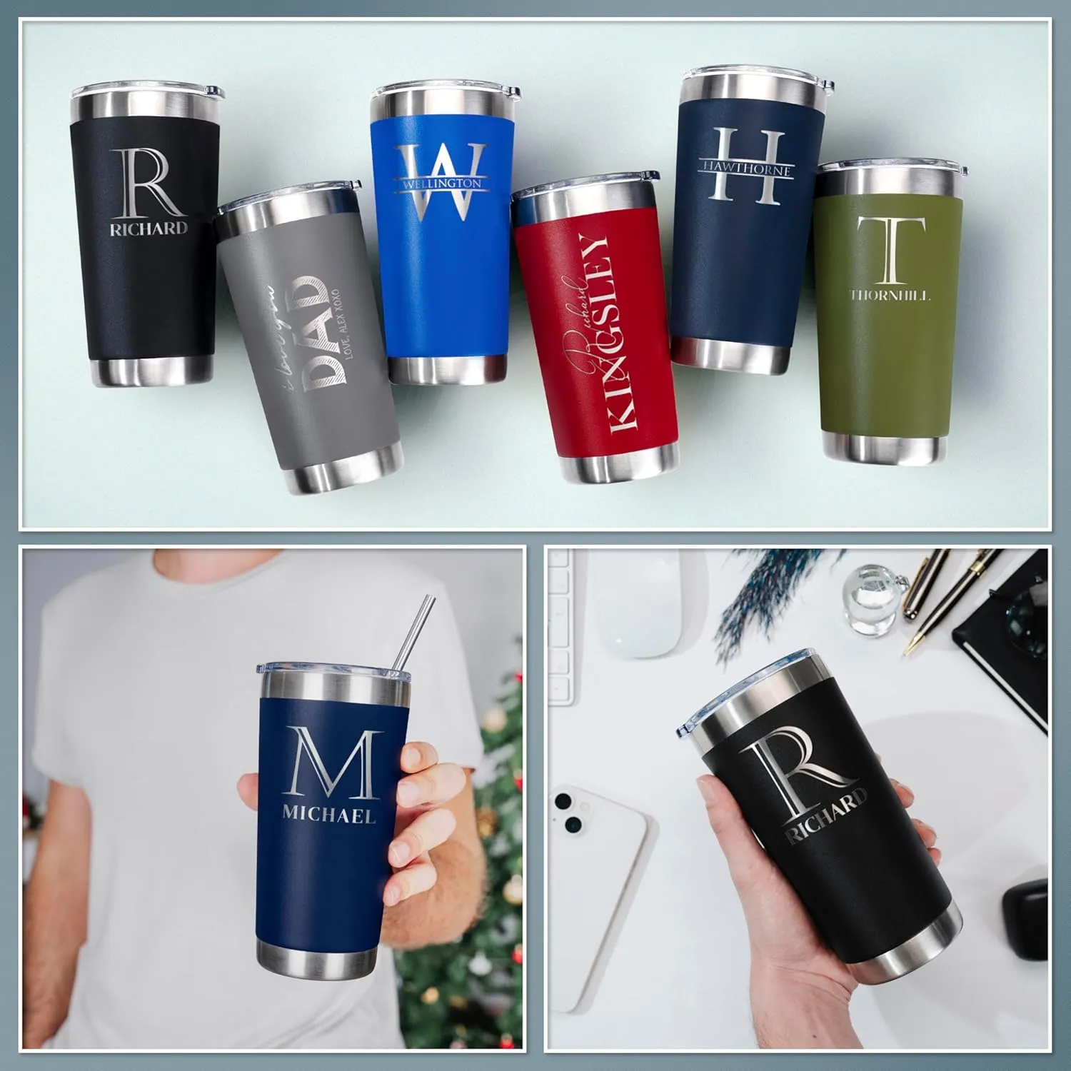 Personalized Tumbler with Engraved Name - 12 Designs, 30 Oz Coffee Tumbler with Slider Lid, Navy Blue, Double Wall Insulated - Custom Gifts for Men & Women