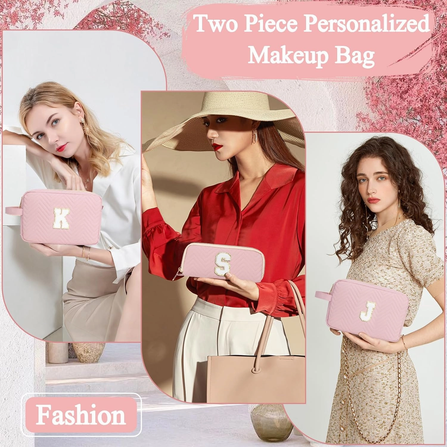 Personalized Initial Cute Makeup Bag Pink Cosmetic Bag Travel Toiletry Bag, Trendy Stuff Leather Waterproof Makeup Organizer Case Birthday/Graduation Gifts for Women Girls Mom Girlfriend Wife Pink A