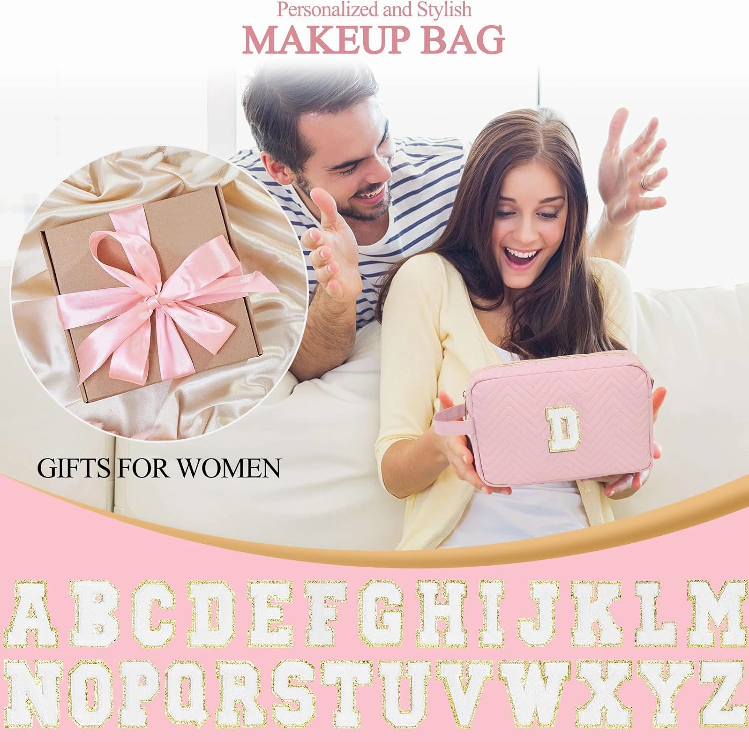 Personalized Initial Cute Makeup Bag Pink Cosmetic Bag Travel Toiletry Bag, Trendy Stuff Leather Waterproof Makeup Organizer Case Birthday/Graduation Gifts for Women Girls Mom Girlfriend Wife Pink A