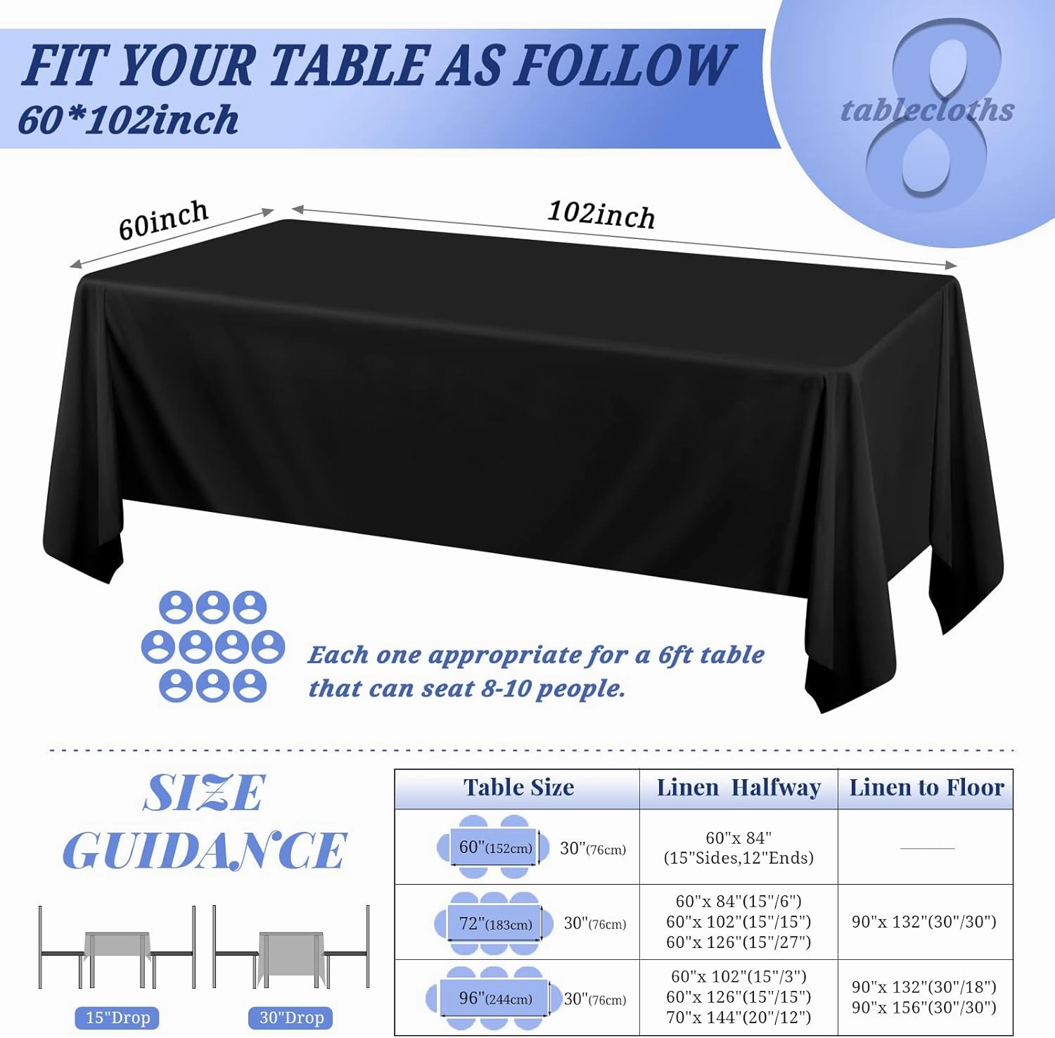 Pesonlook 8 Pack 60 x 102 Inch Rectangle Tablecloth, Black Tablecloth for 6 Feet Rectangle Tables, Washable Fabric Table Cloth for Wedding Dining Table Buffet Parties Camping