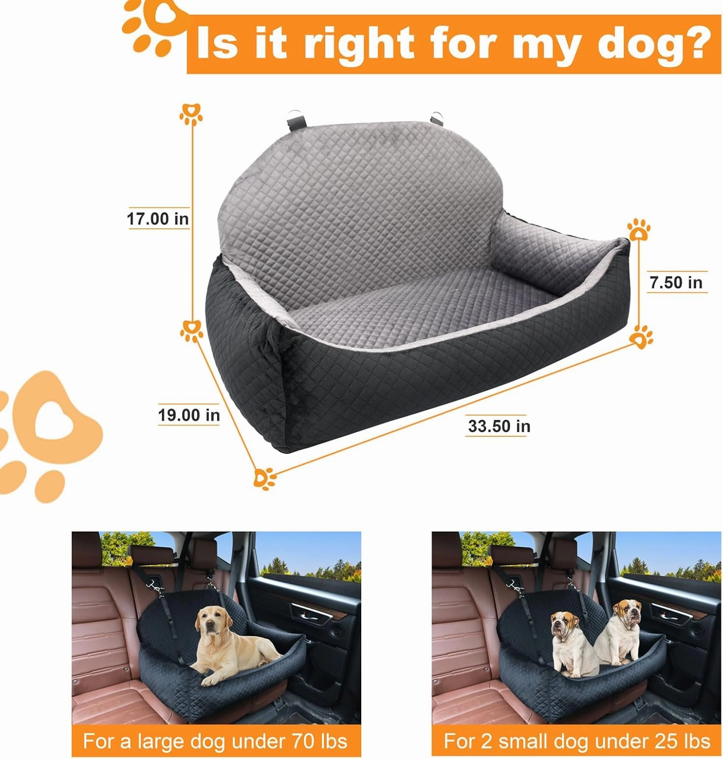 PetSafe Solvit Luxe Car Seat for Large/Medium Dog or 2 Small Dogs, Soft Fabric and Non-Slip Base, Disassembles for Easy Cleaning (Black/Grey)